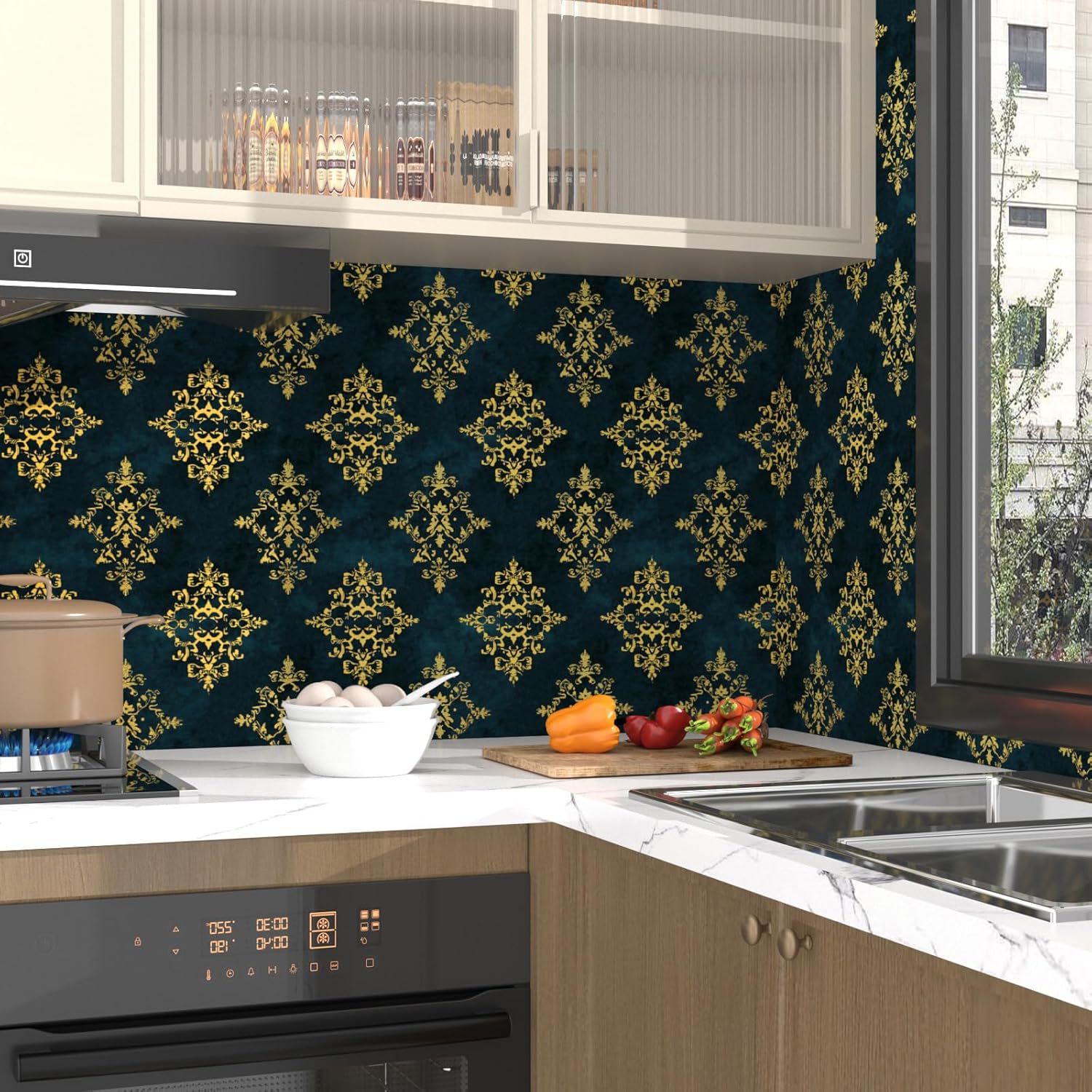 Fvlow Gothic Wallpaper Witchy Peel and Stick 17.4" x 394" Dark Green Contact Paper Waterproof Self Adhesive Vinyl Vintage Covering for Bathroom Bedroom Art Decorative Wall Decor