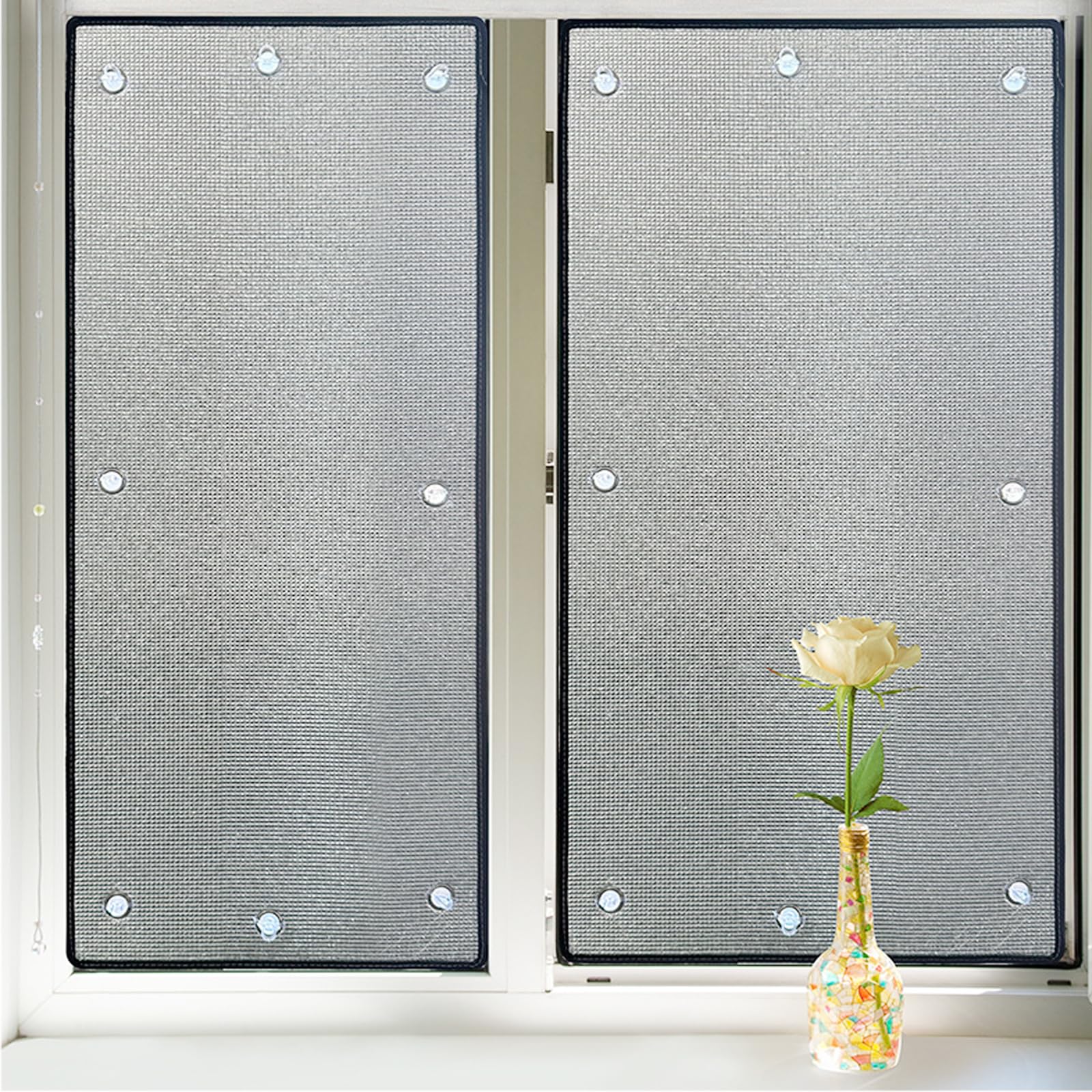 Pellicola for Finestre con Isolamento 66 x 135 cm a Doppia Faccia, Schermatura Termica Oscurante in Alluminio, Pellicola Anticalore con Ventose per Appartamento e Camper, Argento