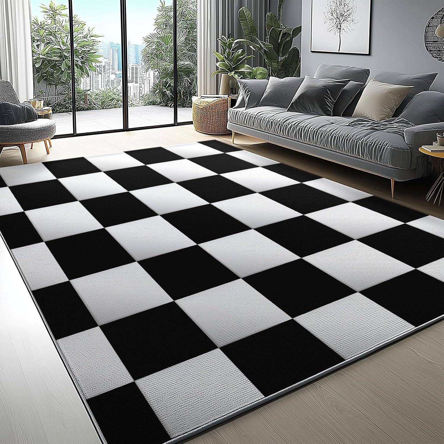 Washable Soft Low Pile Area Rug 2 X 3 Ft Non-Slip Geometry Checkerboard Contrastblack Gray Living Room Bedroom Accent Rug Indoor Floor Carpet Fade Resistant Wear Resistant