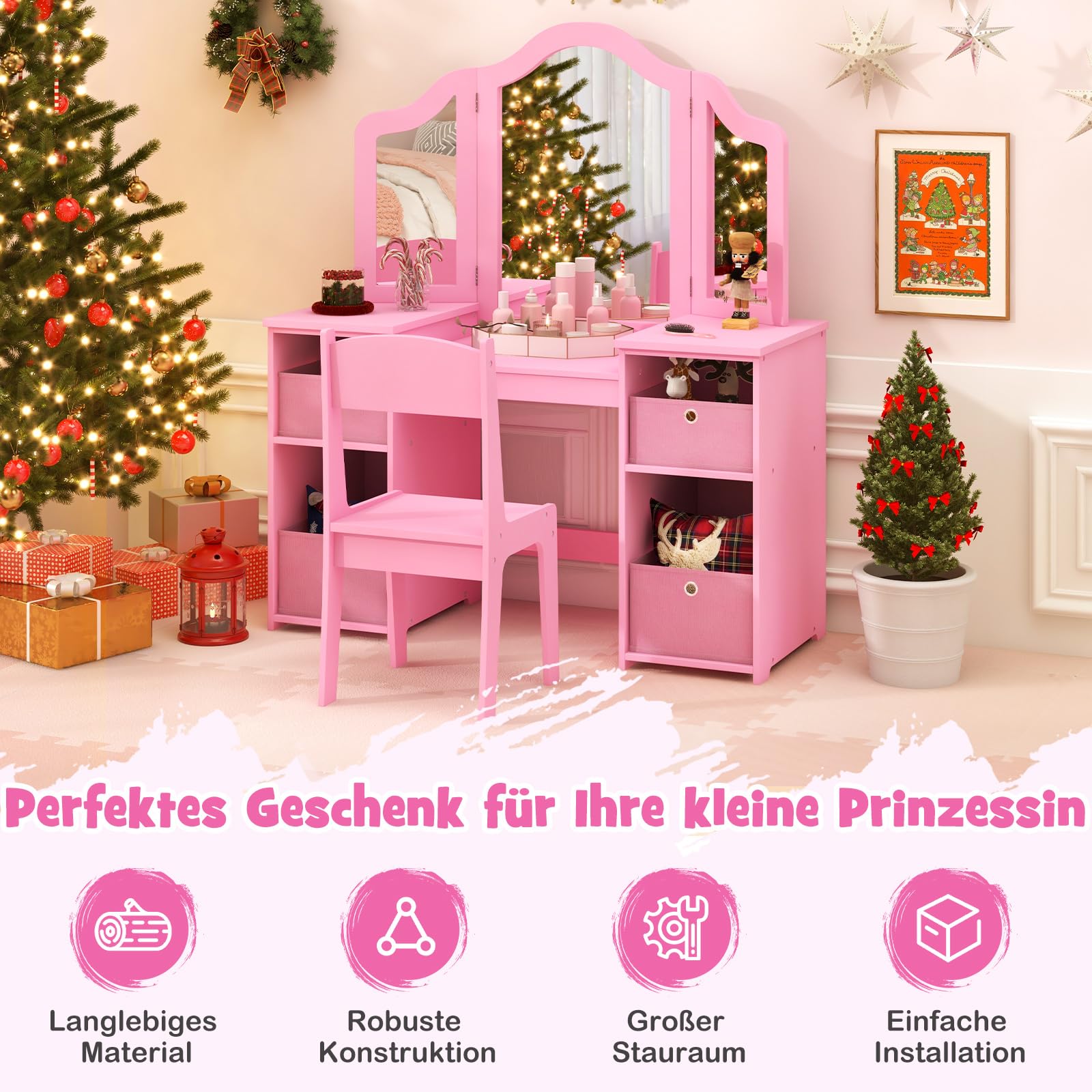 GOPLUS Kinder Schminktisch mit Stuhl, Prinzessin Frisiertisch mit mit abnehmbarem Spiegel, Kosmetiktisch Holz (Rosa mit Stuhl & Box)