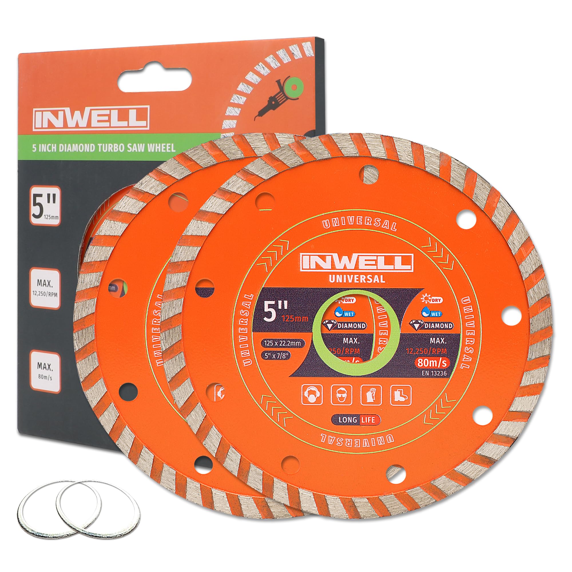 INWELL 5 Inch Diamond Turbo Saw Blades - Ideal for Cutting Stone, Marble, Granite, Concrete, Bricks (2-Pack)