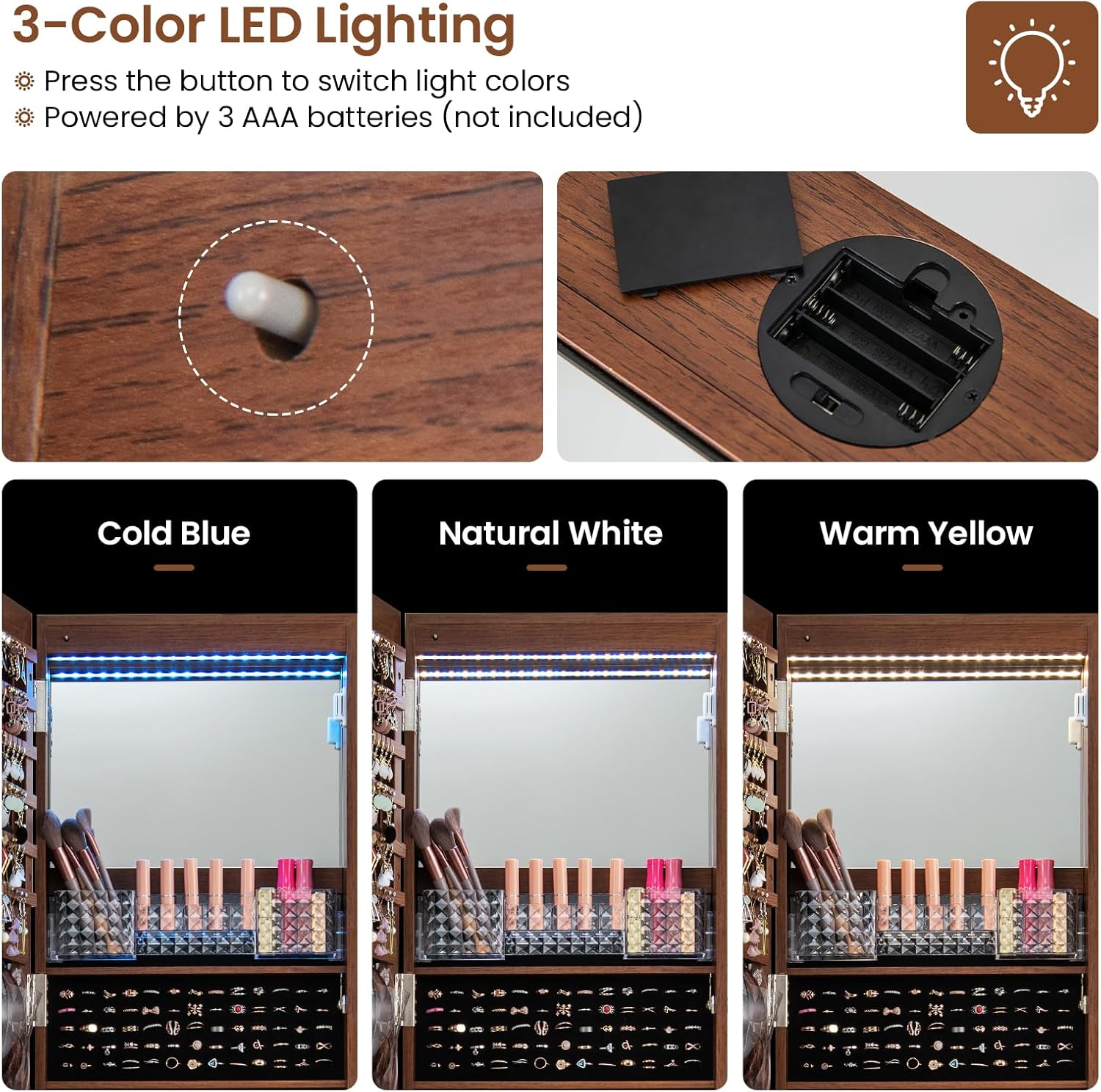 LOKO 360° Rotating Jewelry Armoire, Lockable Jewelry Organizer with 3-Color LED Lights, Standing Jewelry Cabinet with Full-Length Mirror, Built-in Makeup Mirror for Girls Women Gift (Walnut)