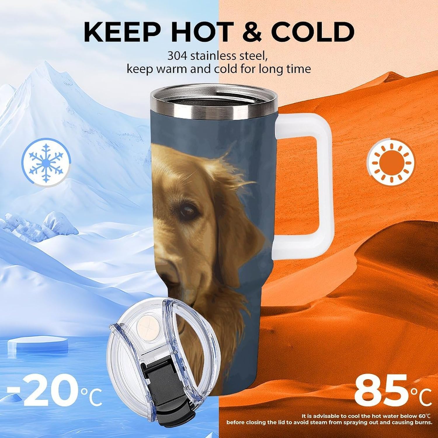 Golden Dog Tumbler 40 Oz with Handle&Lid Large Car Cup Stainless Steel Vacuum Travel Mug Insulated Water Bottle Leak-proof Portable Coffee Cup for Home Car Outdoor