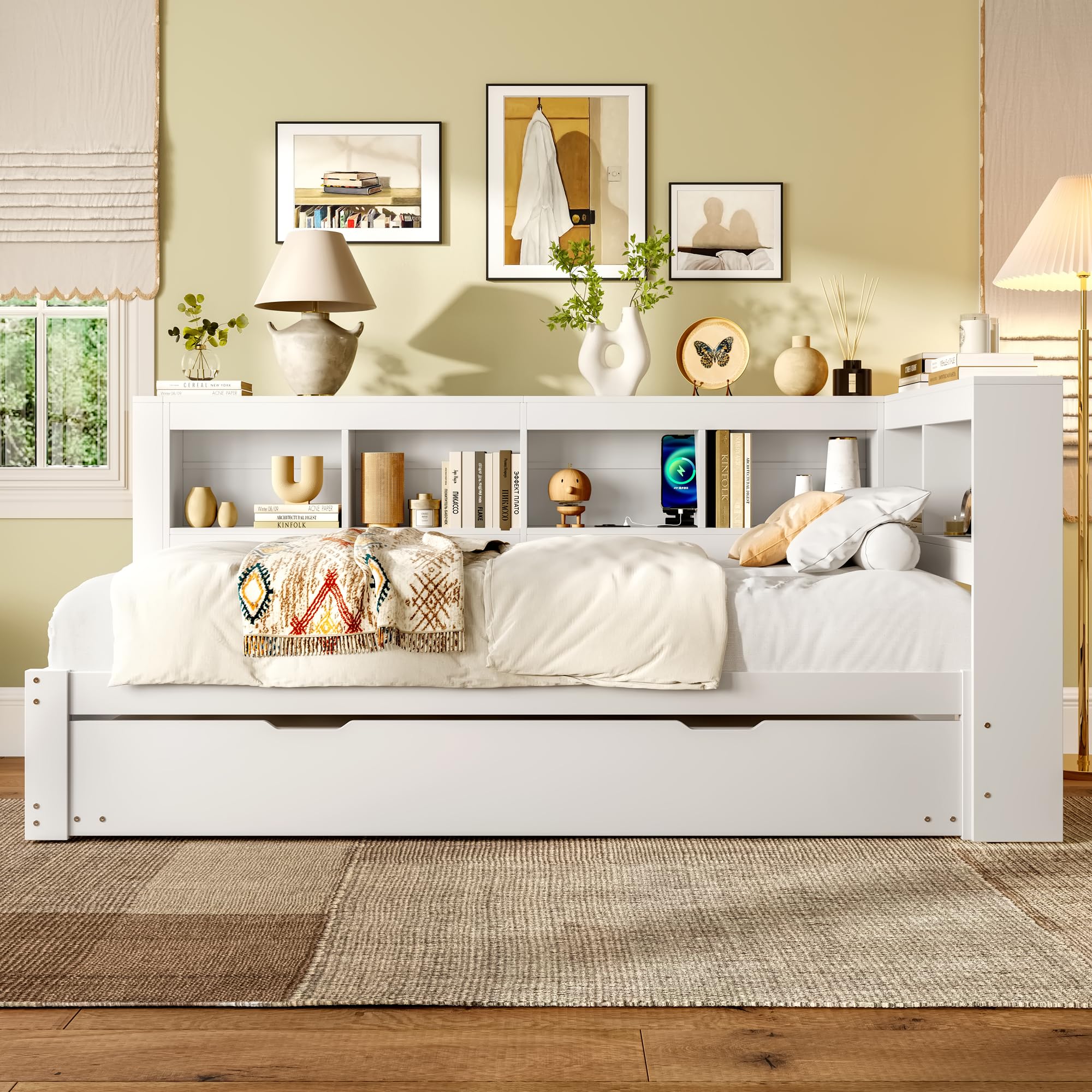 Idemon Letto da giorno con letto estraibile, 90 x 200 cm, divano letto con presa integrata e 2 porte USB, inclusa rete a doghe, letto per gli ospiti salvaspazio, bianco (senza materasso) (90 x 200 cm)