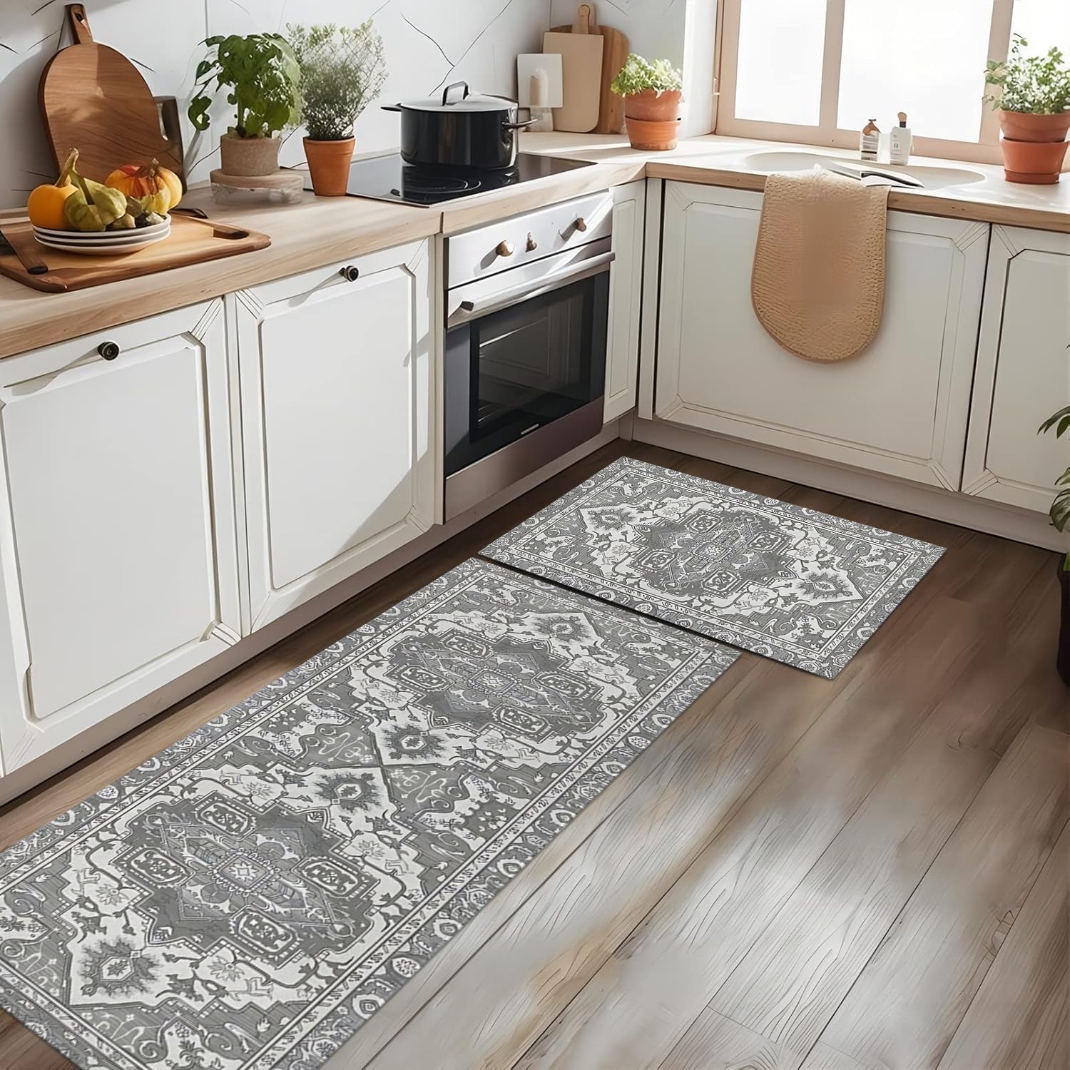 Grey Farmhouse Kitchen Rugs Sets of 2 Non Slip Washable Farmhouse Kitchen Mats for Floor 2 Piece Boho Gray Kitchen Rug Mat Set Home Decor
