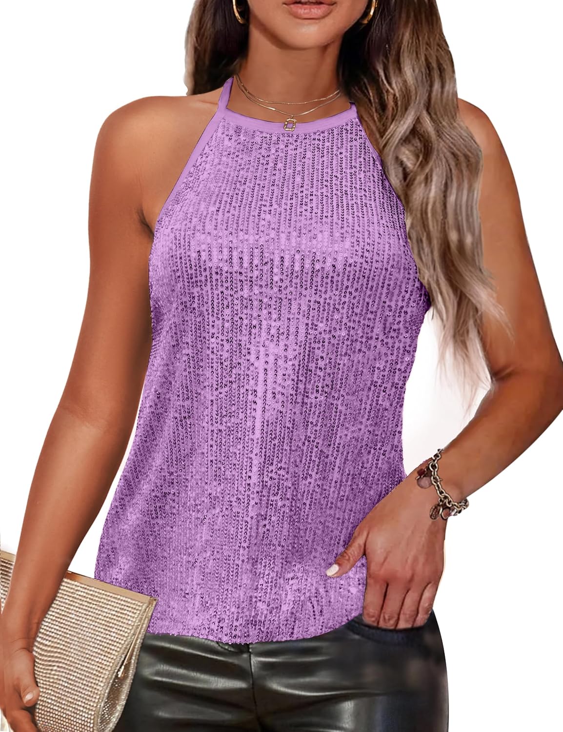 Traleubie Womens Tank Tops Sleeveless Camisole Halter Neck Sparkly Sequin Tops for Women
