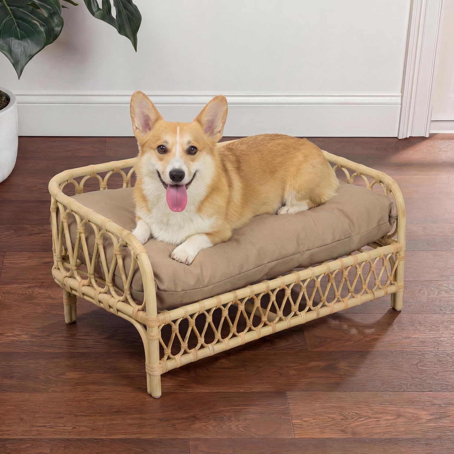 DBD1005B Elevated Pet Daybed 27.5" x 17", Handwoven Rattan Dog & Cat Bed with Machine Washable Cushion, Wicker Rattan Sofa for Small to Medium Pets, Bohemian Style, Light Brown