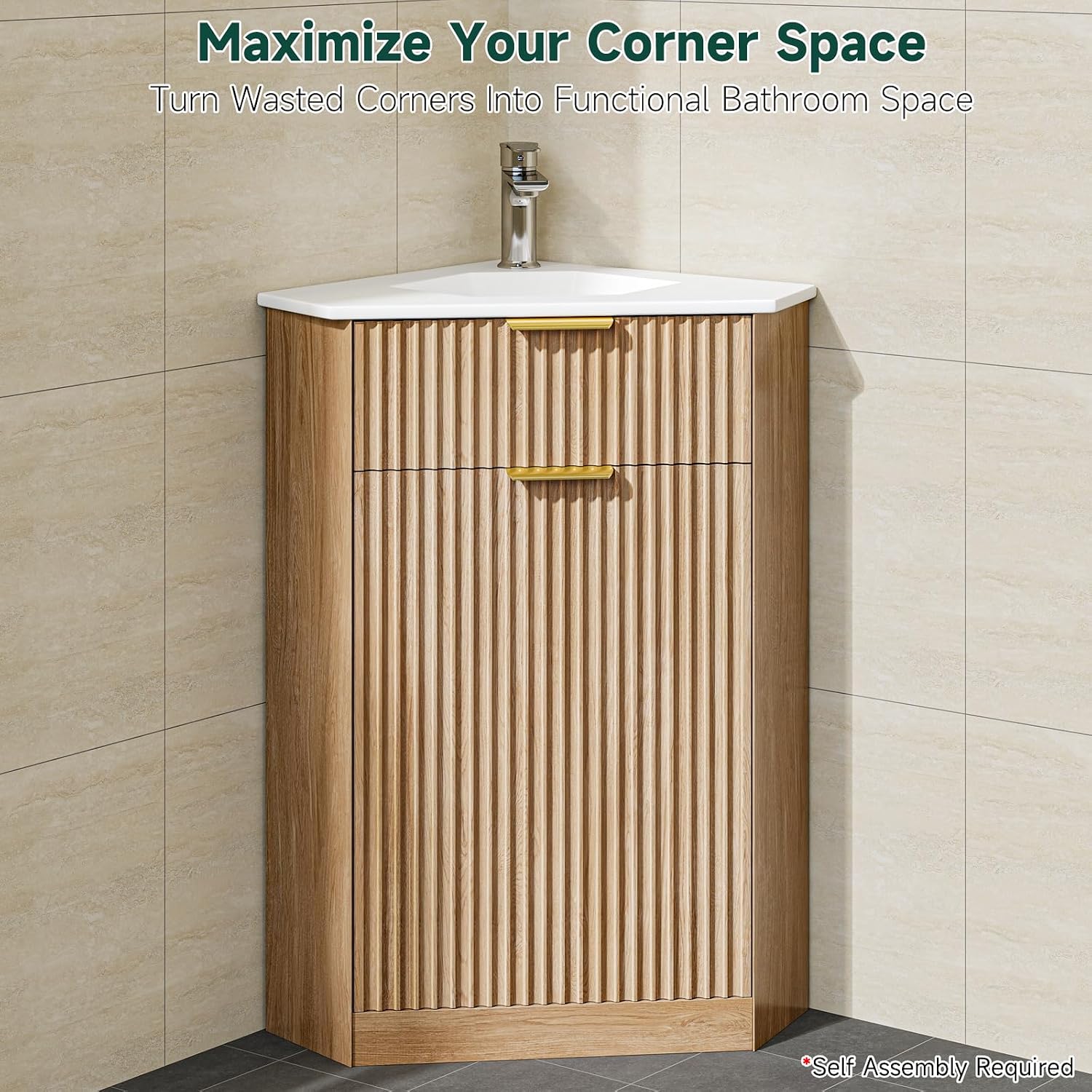 Vabches Corner Bathroom Vanity Sink Combo, Bathroom Cabinet for Small Space, Freestanding Modern Storage Cabinet with White Ceramic Sink, Space Saving Triangular Bathroom Furniture, Oak