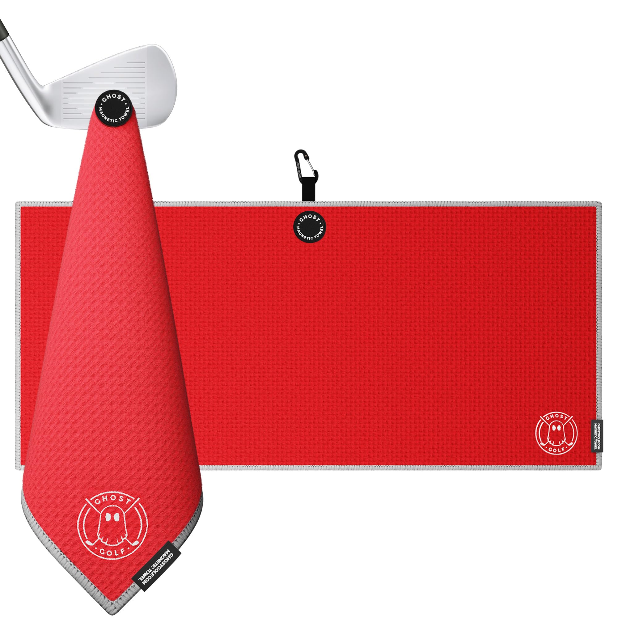 Ghost Golf Magnetic Towel (Caddie) - Premium Ultra-Absorbent Microfiber Golf Towel with Magnet for Golf Carts or Clubs - 18" x 40" Golfing Gear - Waffle Weave Pattern (Red)