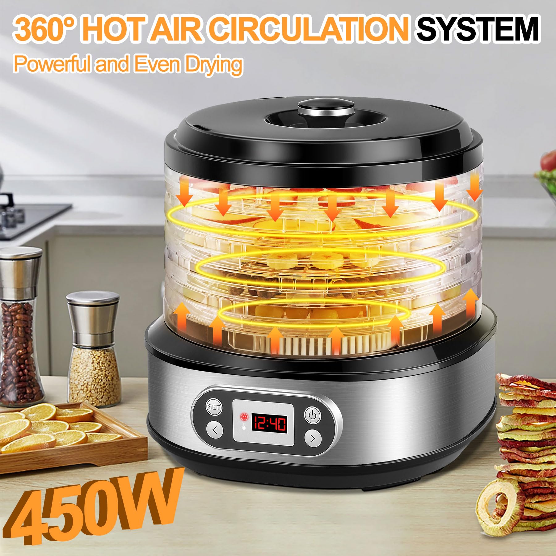 DeeprBling Déshydrateur Alimentaire, 450W déshydrateur d'Aliments à 5 Plateaux Réglables en Hauteur, Déshydrateur Fruits et Legumes avec Minuterie 72H et Température 35-70°C, Écran Digital, Sans BPA