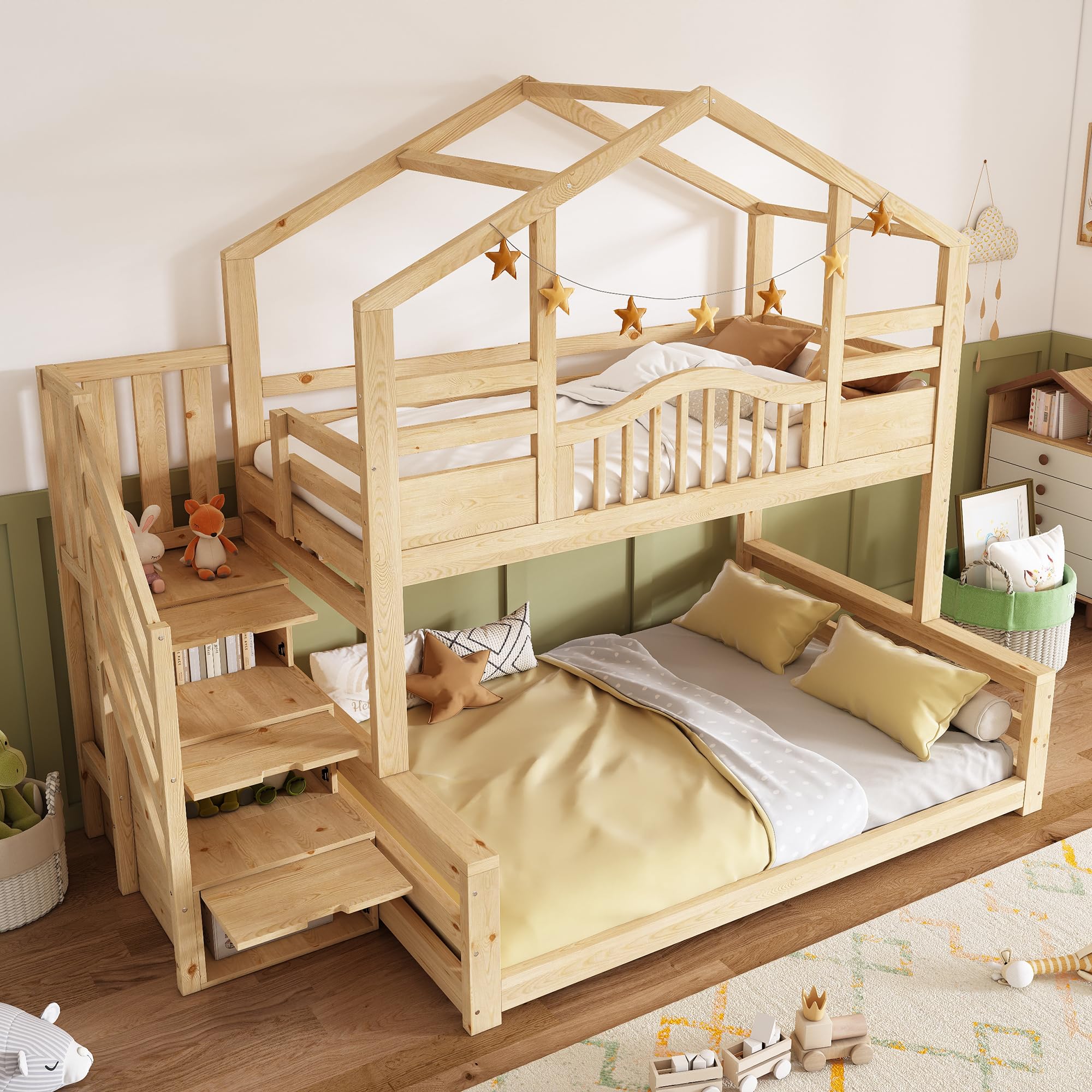Lit Superposé Enfant avec escalier de rangement et étagères, Lit Enfant multifonctionnel avec 90x200 partie supérieure et 140x200 partie inférieure, en bois naturel Beige Clair Naturel (Sans Matelas)