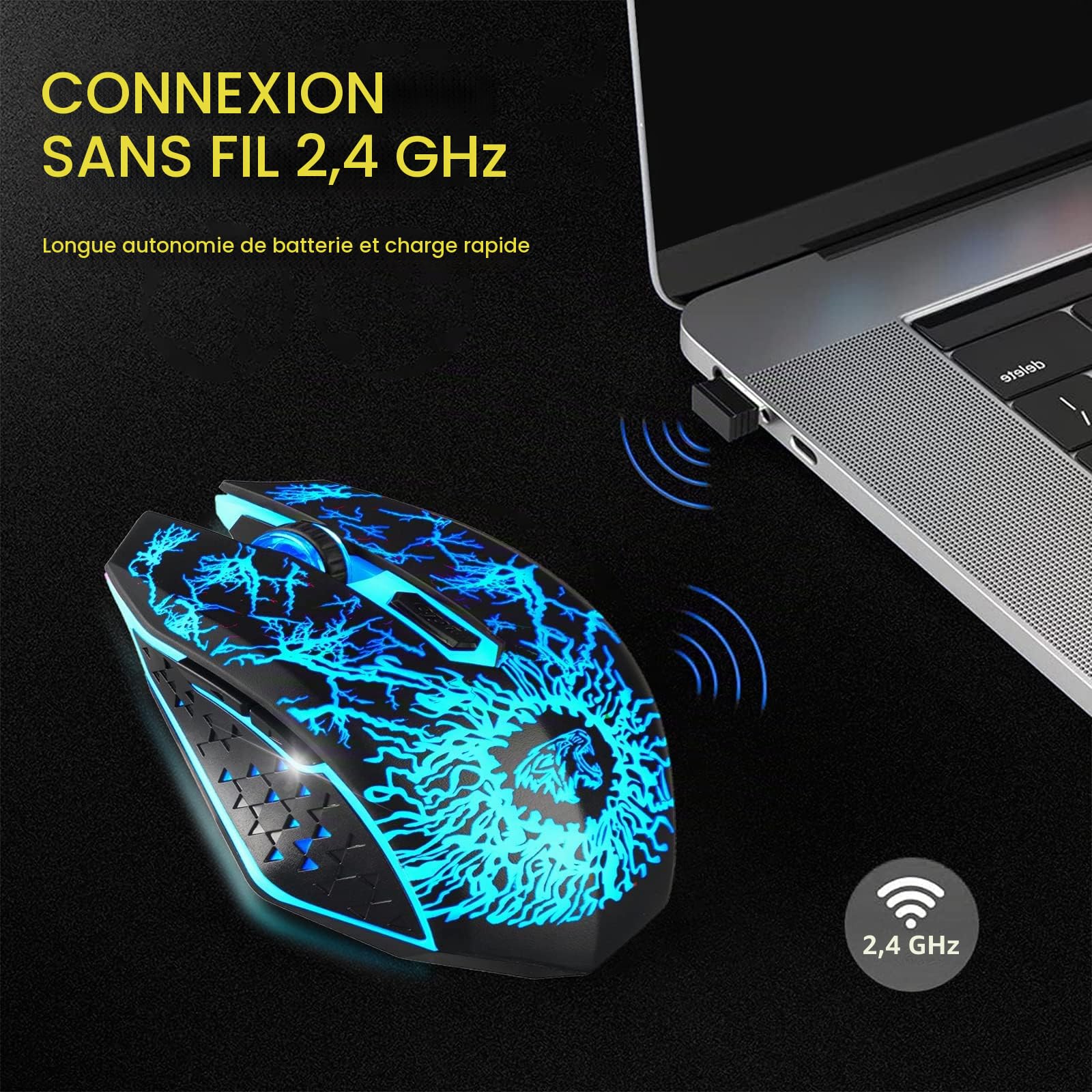 VEGCOO Souris de Jeu sans Fil, Souris de Jeu Rechargeable, Souris Optique silencieuse avec récepteur USB 2,4 G, 3 Niveaux DPI, 7 Boutons, lumières LED 7 Couleurs pour PC/Mac Gamer