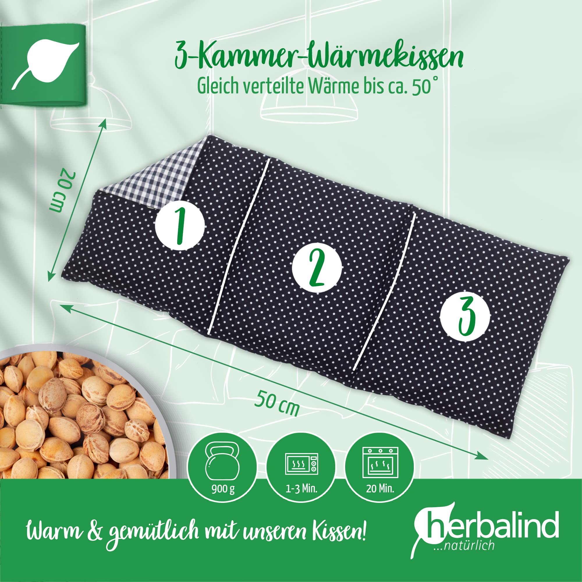 3000 Kirschsteine HERBALIND XL Kirschkernkissen Nacken Schulter - Körnerkissen 3 Kammer Handmade in Germany - 100% Baumwolle, Wärmekissen Mikrowelle - Geschenk für Herren, 900g, 50x20cm blau