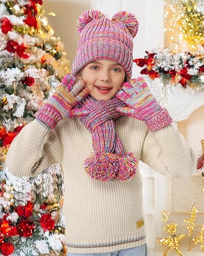 Miniatura 4 de Remifa Conjunto de bufanda y gorro de invierno para niños y niñas, con forro polar con pompón, bufanda larga, guantes cálidos