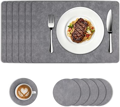 Placemats and Coaster Sets 6, 43 * 30 Waterproof Table Mats, Grey