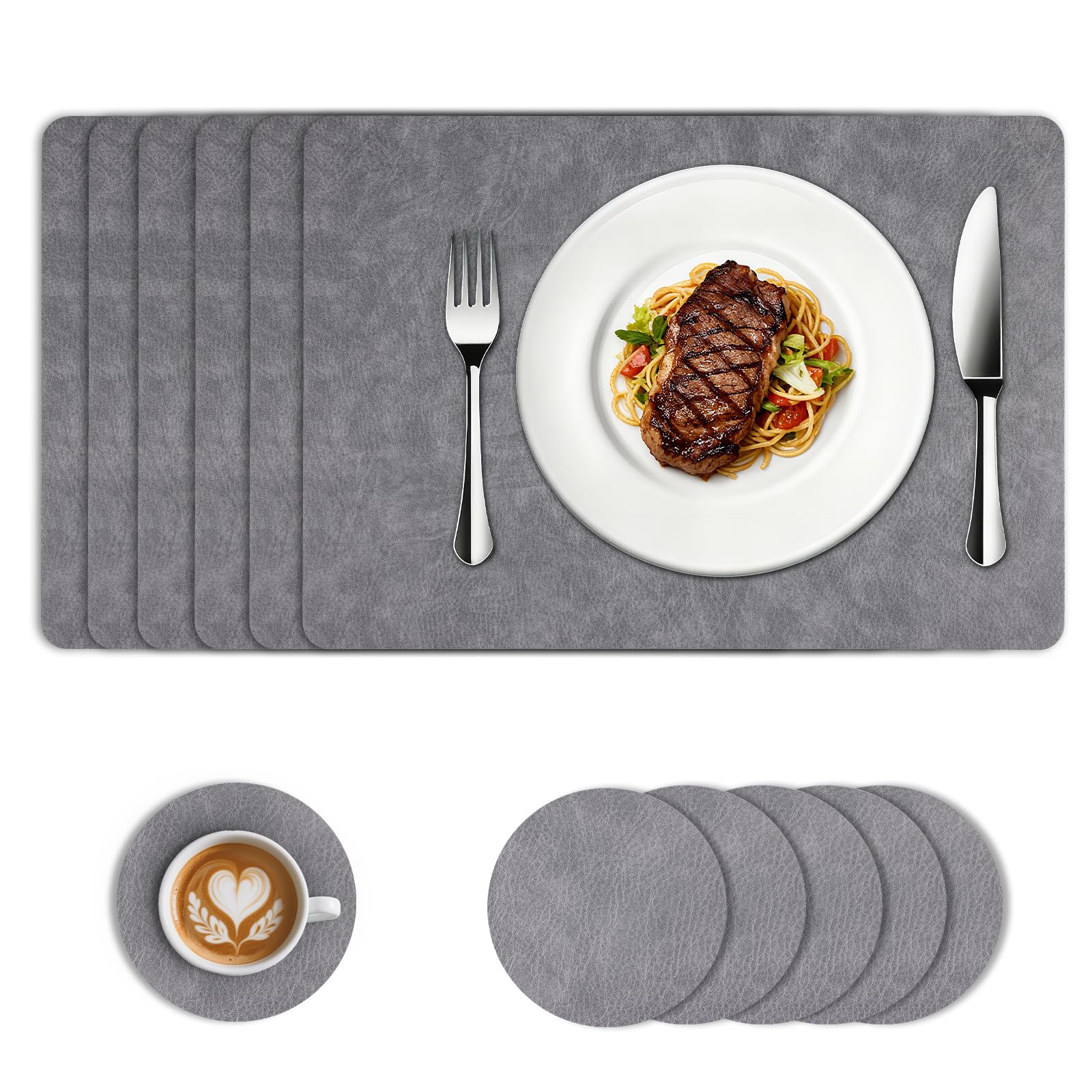 Kryndle Placemats and Coaster Sets 6, 43 * 30 Waterproof Table Mats, Grey