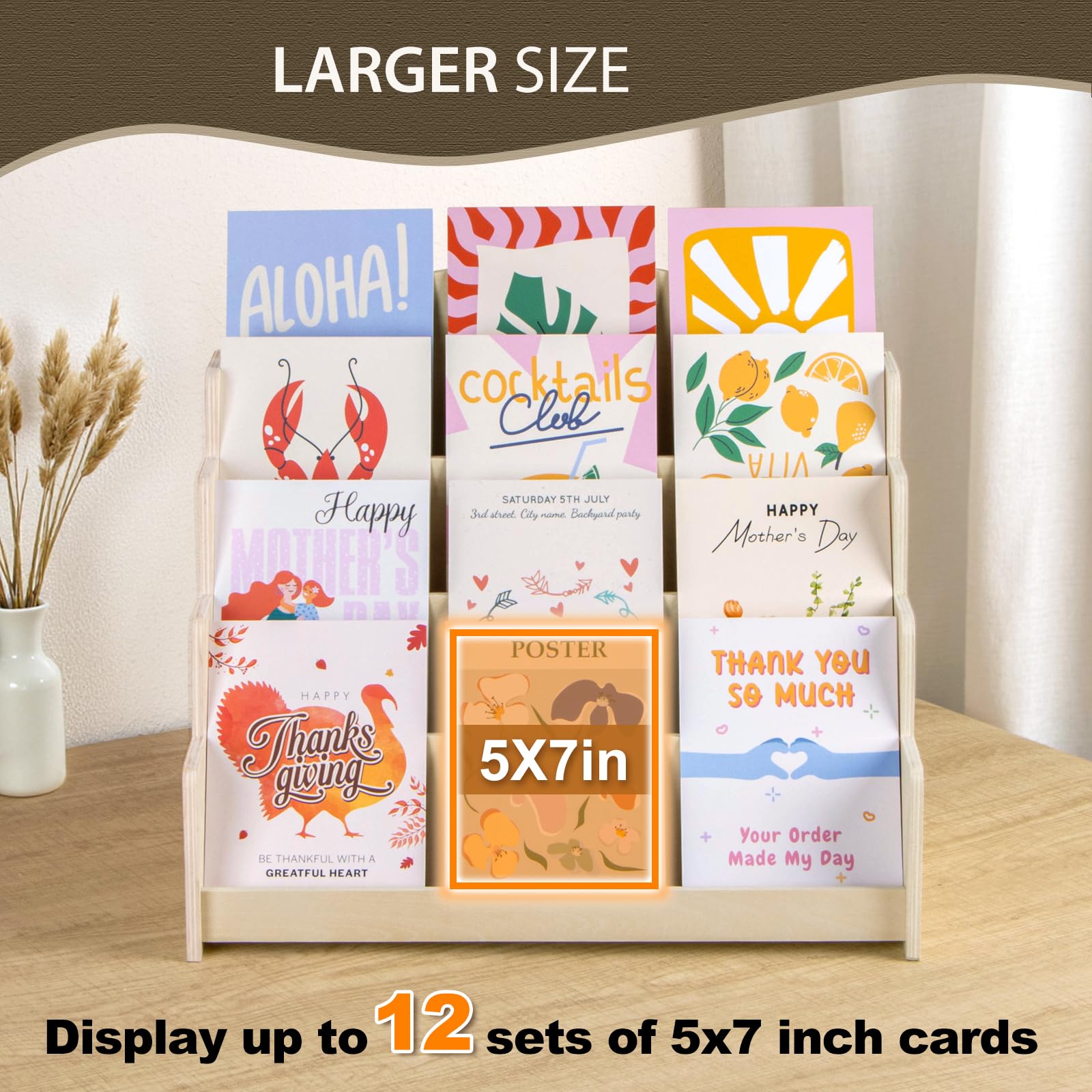 PUERSI Greeting Card Display Stand Holder Rack Organizer, for Postcard Sticker Vendors Retail 4 Tier Wooden Card Display Stand, Beige - Image 3
