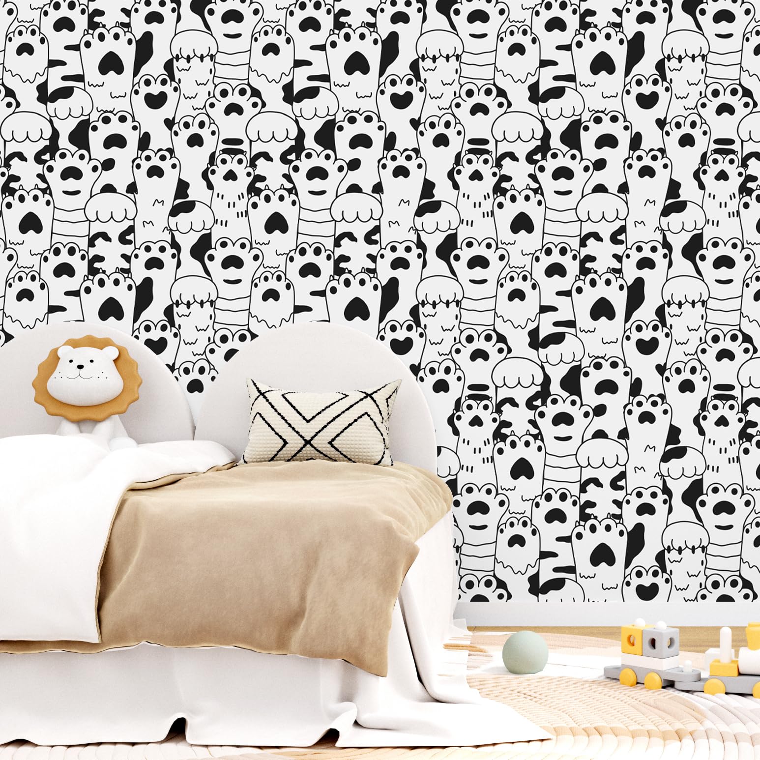 Black and White Cat Wallpaper Peel and Stick Contact Paper for Cabinets Self Adhesive Removable Paw Print Stickers Fun Cat Paw Stick on Wallpaper for Kids Room Countertop Nursery 17.5"x102"