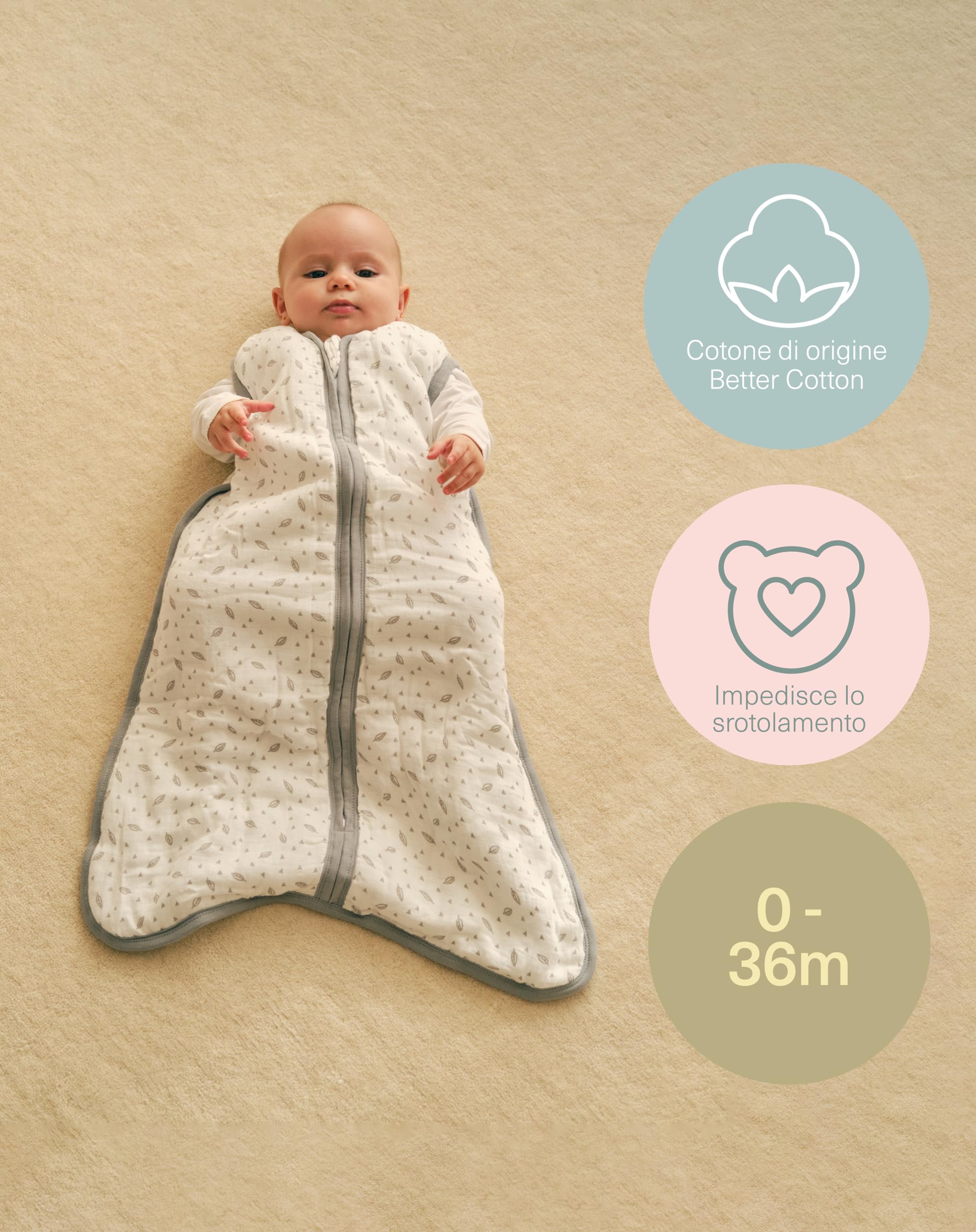molis&co - Sacco Nanna 1 TOG - Sacco Nanna Imbottito per l’Autunno e Primavera. Neonati da 18-36 mesi (95 cm) - Mussola di Cotone Premium - Senza Maniche - Grey Leaf