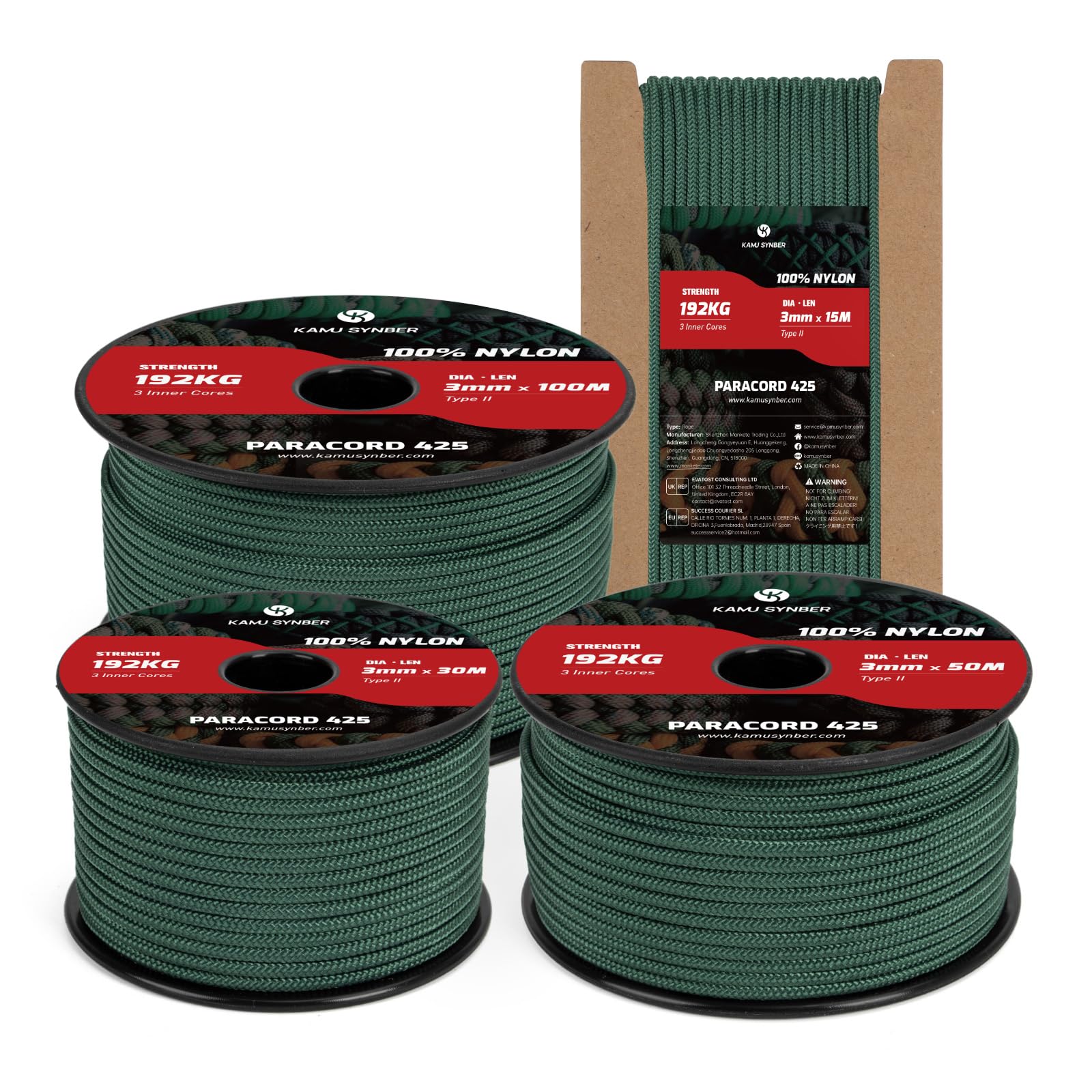 Kamu Synber 425 Paracord 3mm x 100m 100% Nylon Rope 3 Strands Parachute Cord Type II for Outdoor, Crafting, DIY | Support 192kg | Dark Green