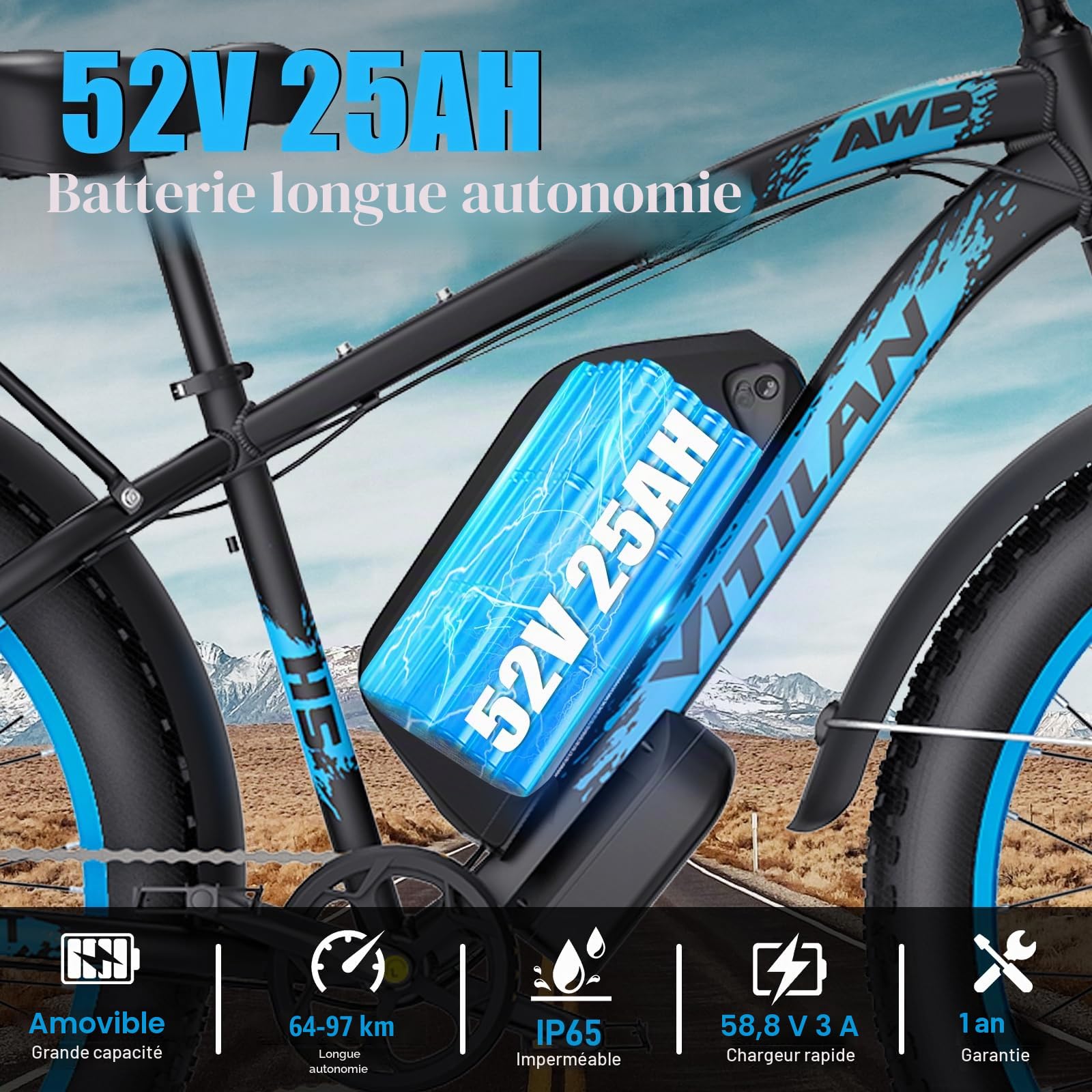 H5 Vélo Électrique pour Adultes, Vélo Électrique à Double Moteur, Batterie 52V 25Ah, Ebike à Pneus Gras 24" x 4", 7 Vitesses, AWD pour Tout-Terrain, Route, Pendulaires