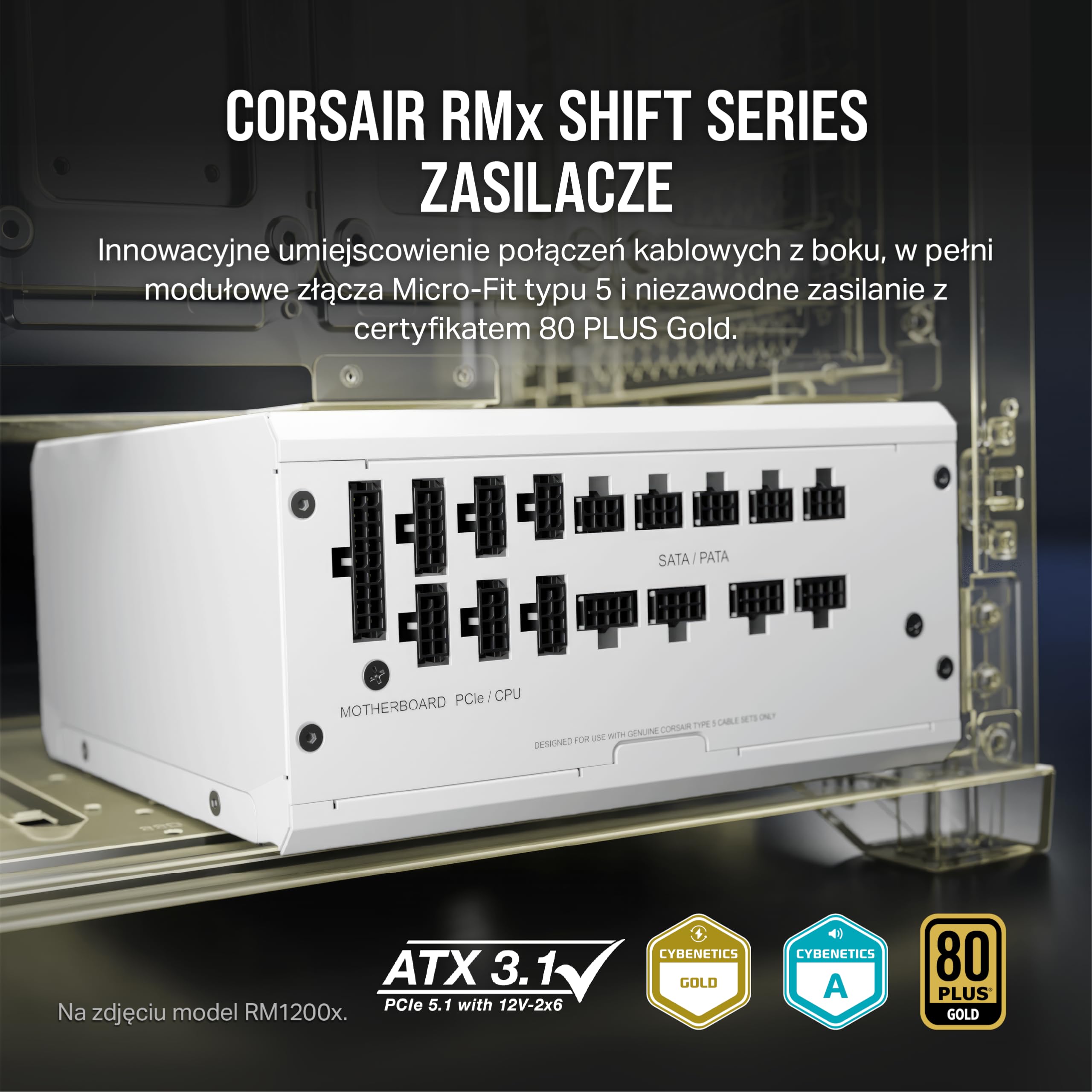 CORSAIR RM850x SHIFT Pełni Modułowy Zasilacz ATX - 80 PLUS Gold - ATX 3.1 - PCIe 5.1 - Zero RPM - Modułowy Interfejs Boczny - Biały