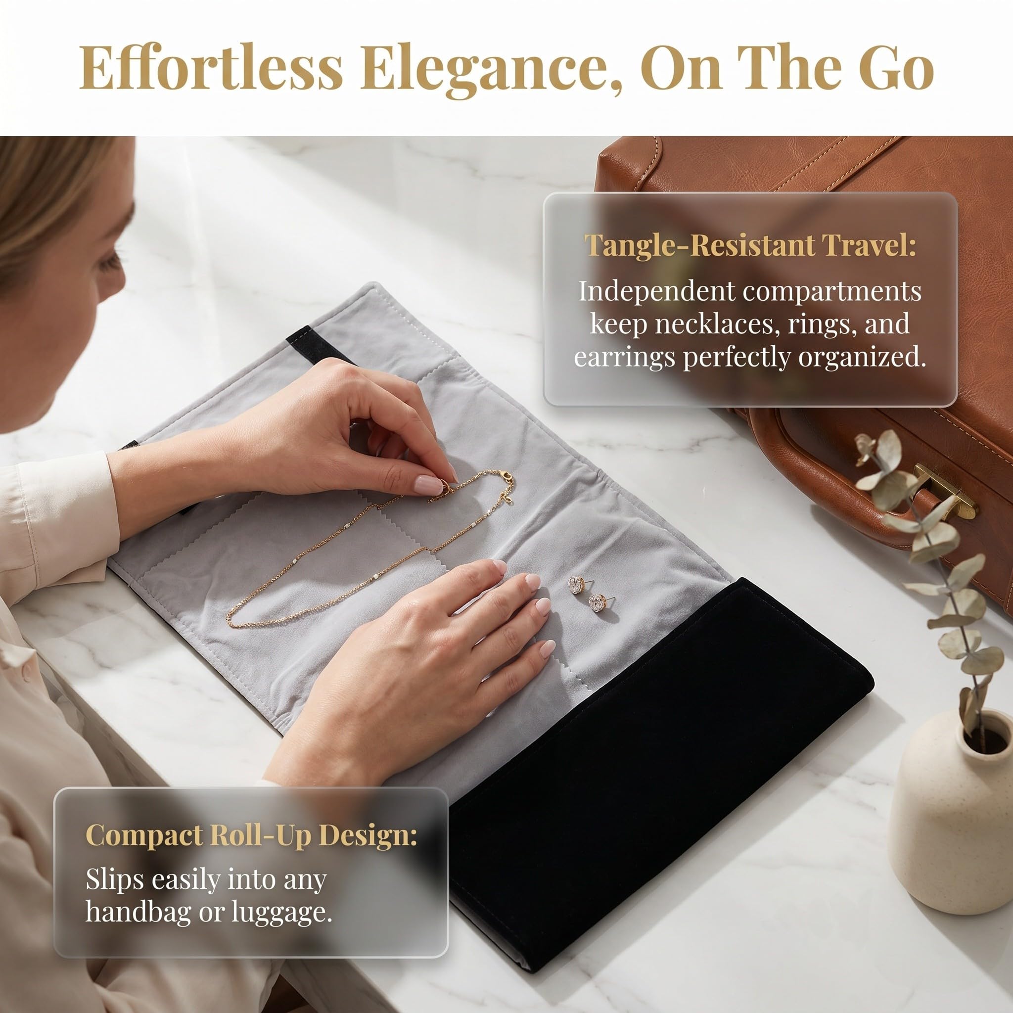 Estuche enrollable de terciopelo para joyas: pequeño organizador de viaje para pulseras y pendientes - Estuche enrollable pequeño para empacar para las vacaciones