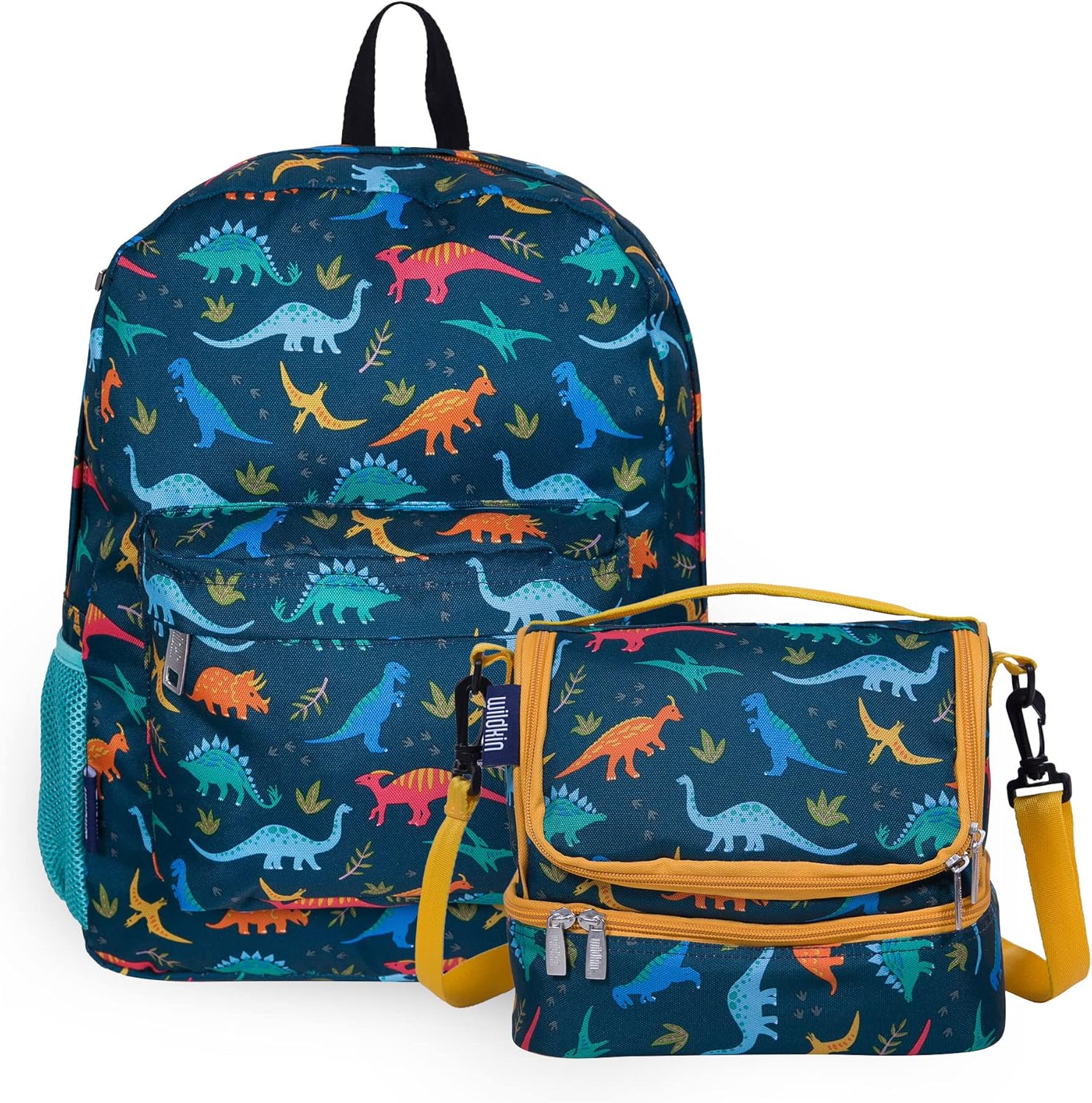 Wildkin 16 Inch Kids Backpack with 2-Compartment Lunch Bag Bundle - Durable, Lightweight School & Travel Set - Jurassic Dinosaurs