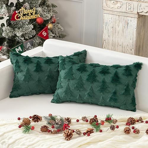 Kevin Textile - Juego de 2 fundas de almohada decorativas de Navidad de 12 x 20 pulgadas, de felpa suave, jacquard, de pelo sintético, fundas de