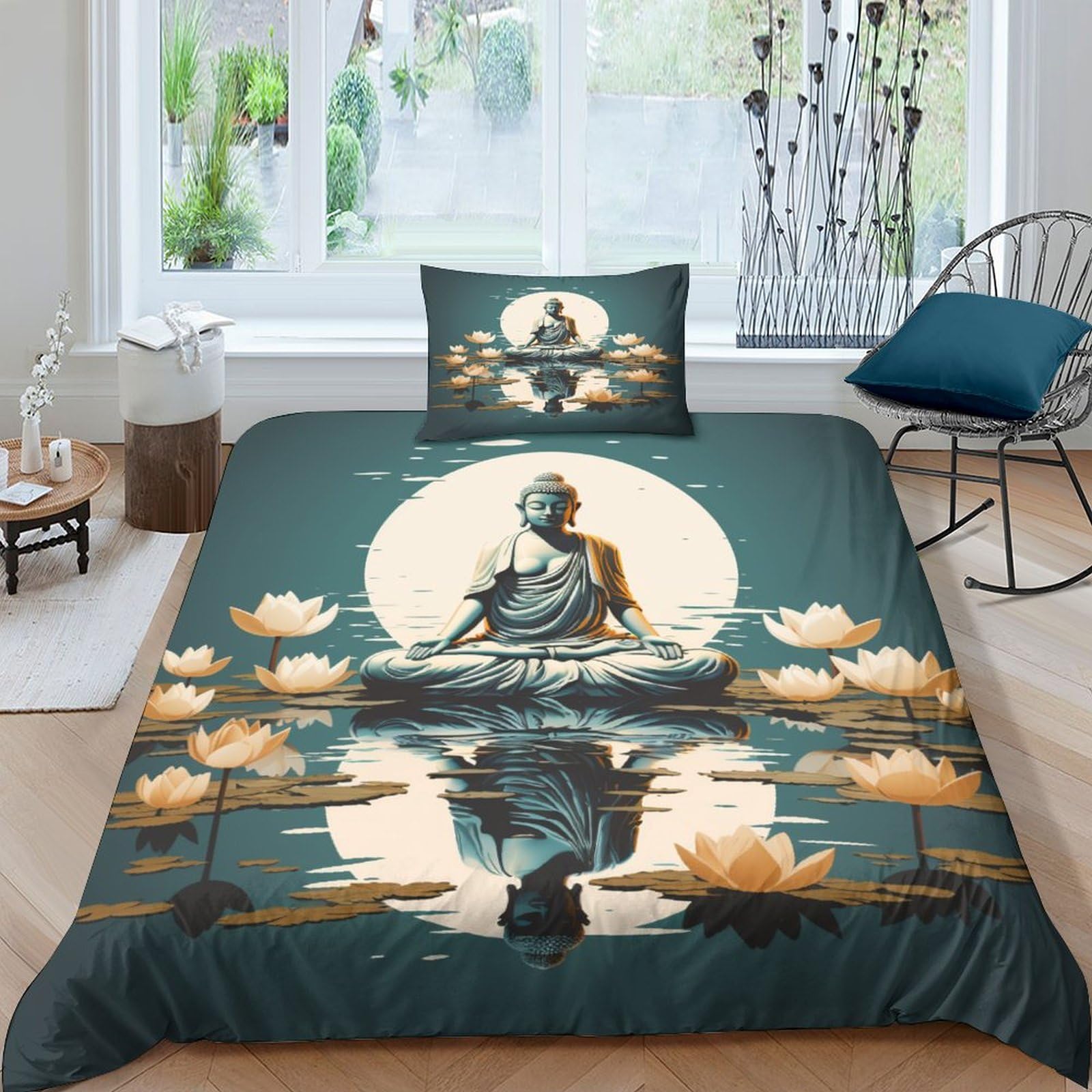 Housse de couette Bouddha Lotus en microfibre 135x200cm avec taies d'oreiller