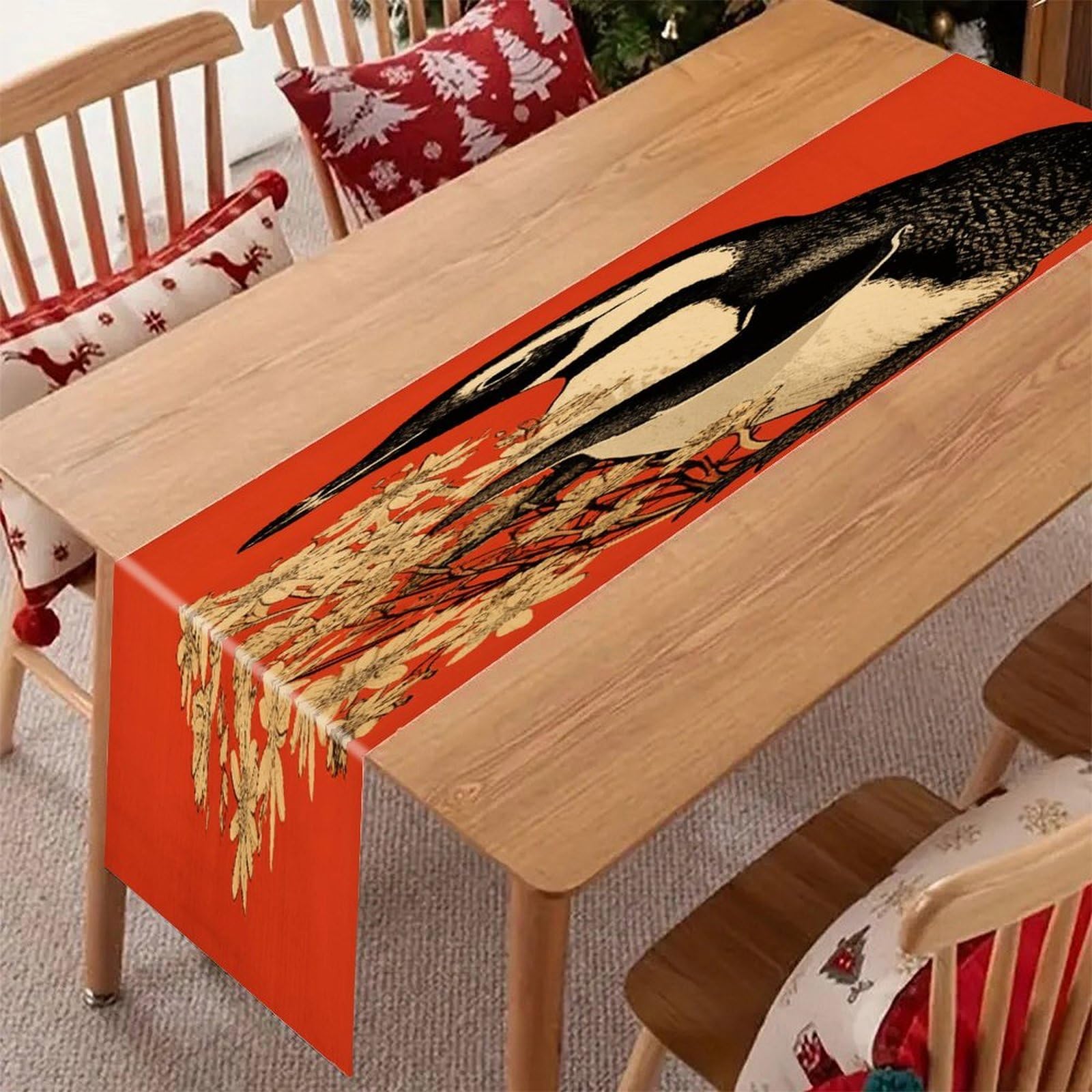 Penguin Holding Flower Table Runner Modern Art Farmhouse Linen Table Runner Dresser Scarf Seasonal Kitchen Dining Table Decoration Dresser Scarves for Home Party Decor 13x70 Inch