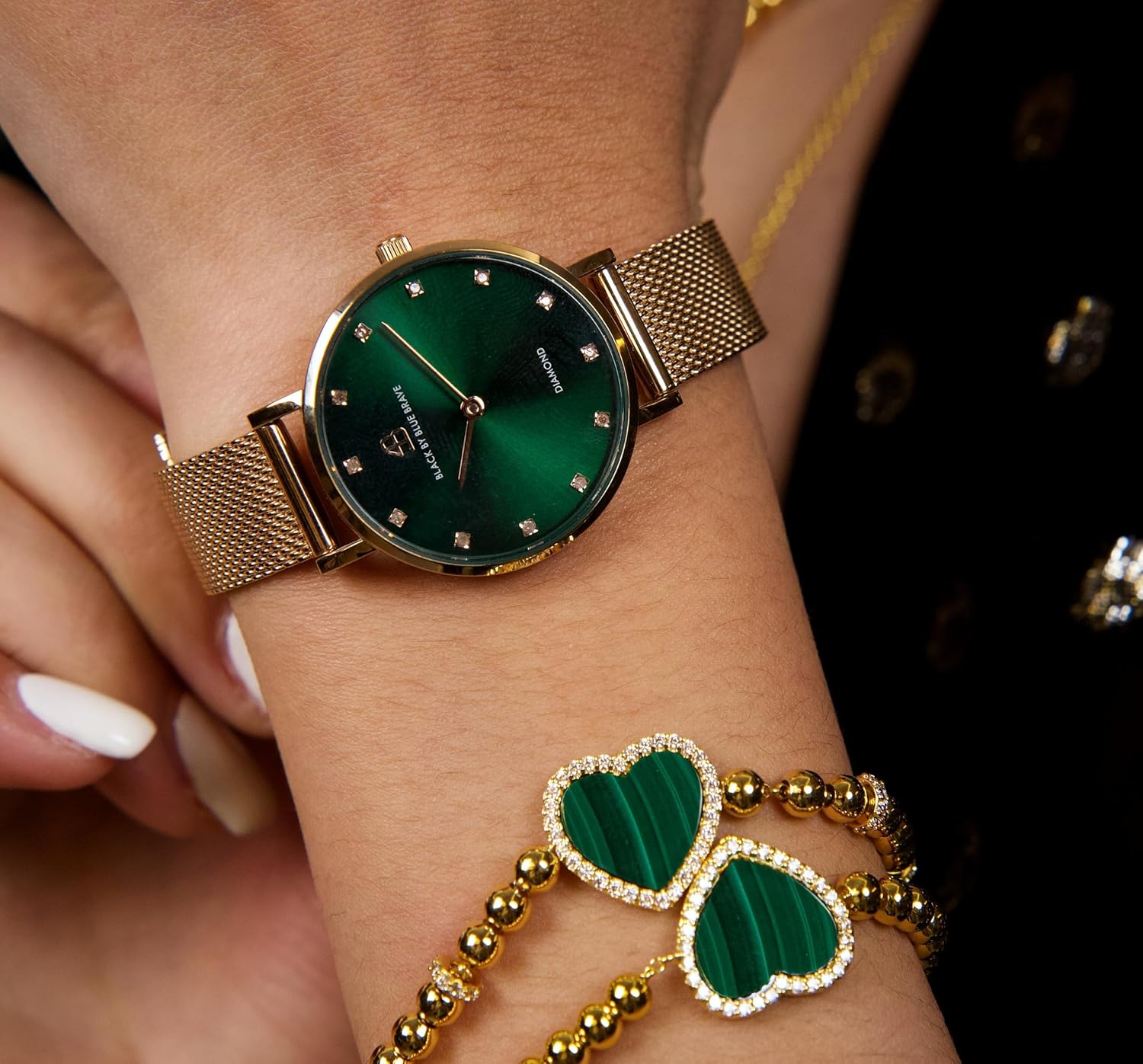 Womens Watch Trendy Green Watches for Women 12 Genuine Diamond Watch Markers 28 mm Watches for Women Green Sunray Dial with Rose Gold Mesh Band Womens - Image 4