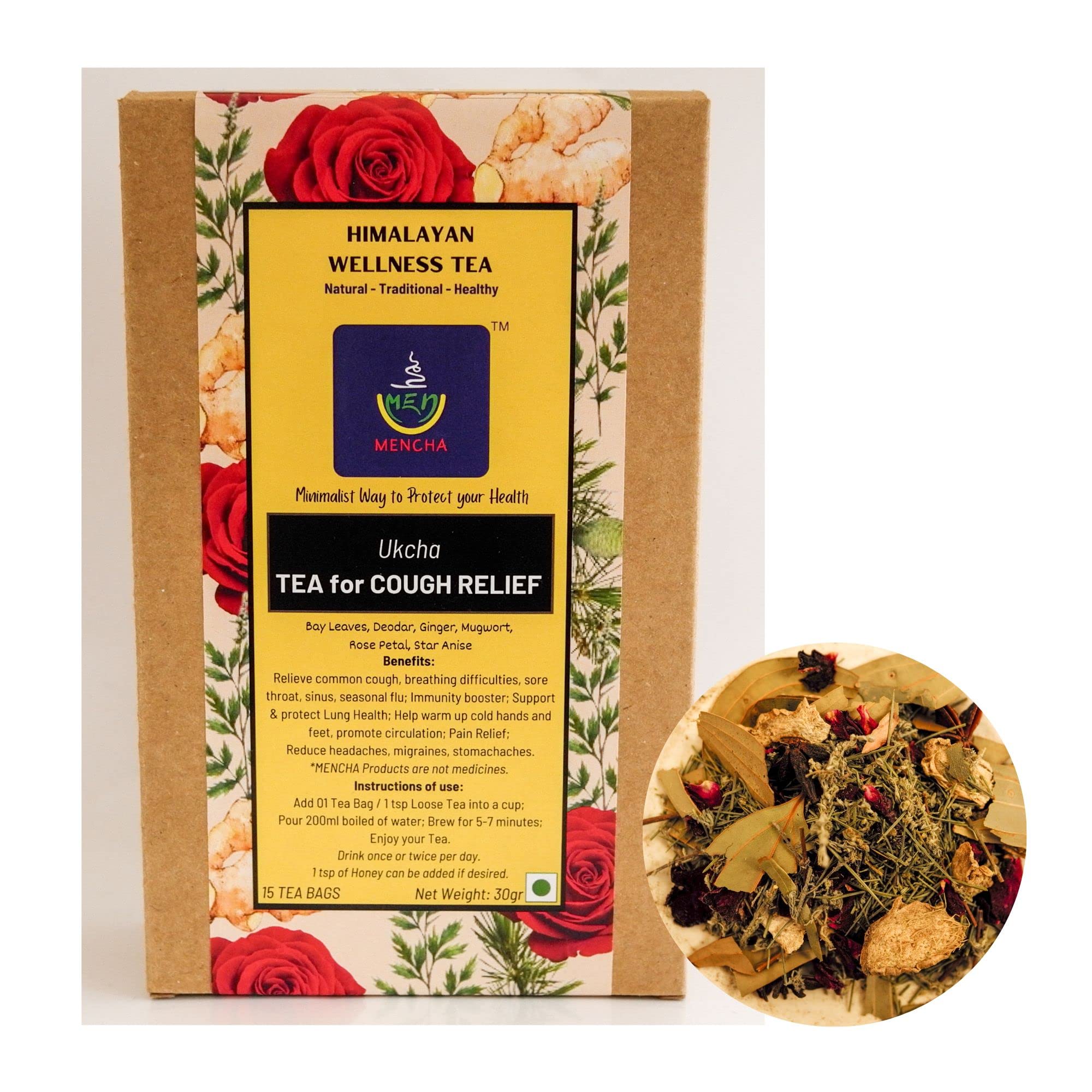 MENCHA Cough Relief Tea - Support Lung Health | Relieve Common Cough, Cold, Flu - Himalayan Herbal Blend - Caffeine Free - 15 Biodegradable Tea Bags
