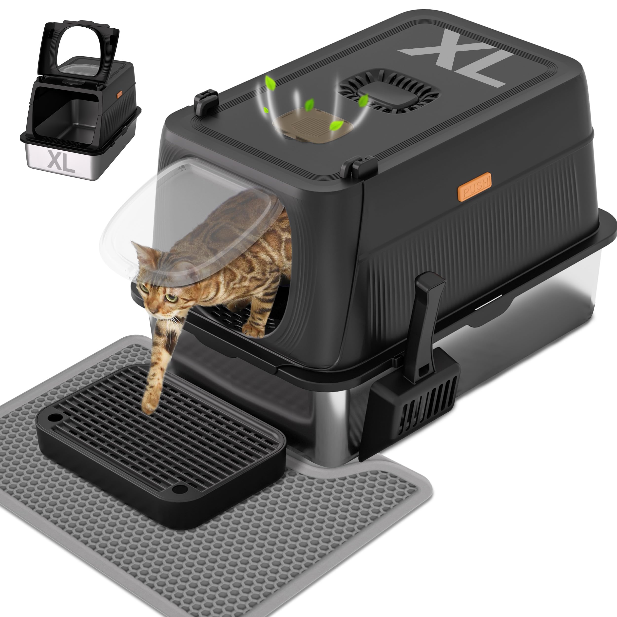 Anywish Stainless Steel Cat Litter Box with Lid, XL Extra Large Enclosed Removable Metal Litter Box with Litter Scoop&Double Layer Litter Mat, Non-Sticky, Non-Odor, Easy Cleaning, for Big Cats, Black