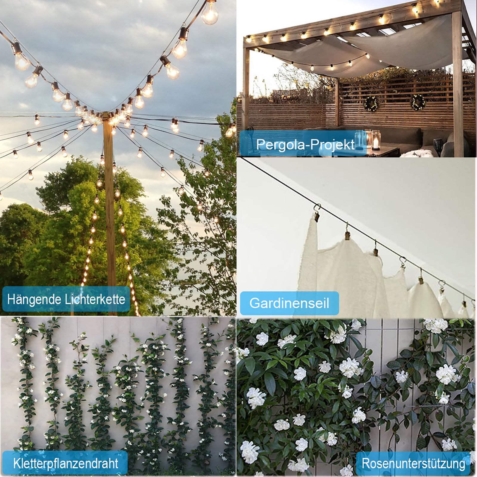 AMLOOPH 50m Edelstahl Drahtseil 2mm Rankhilfe Set für Garten mit M5 Seilspanner & Drahtseilklemmen – Gardinenseil, Stahlseil mit Ösen, Spanndraht für Rankgitter, Hängelampe, Seilspanngarnitur Außen