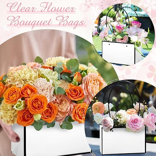 Miniatura 6 de Teling 12 bolsas de regalo de flores de papel de estraza para ramo de San Valentín, bolsas de papel con asa, impermeables, vacías para flores,