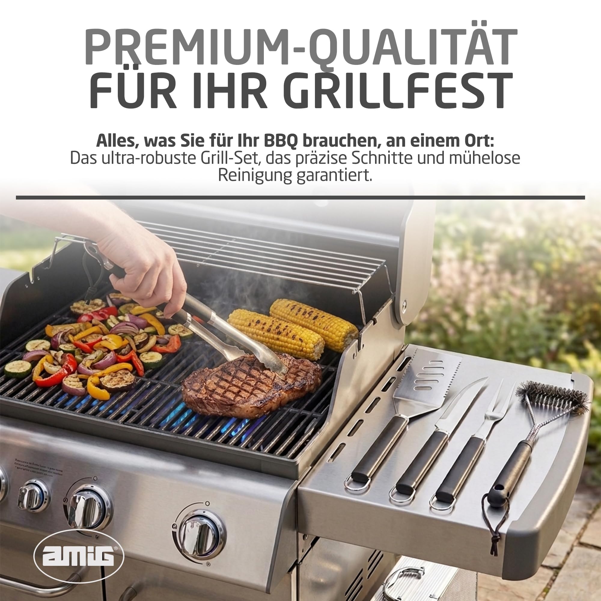 Amig - 5-teiliges Grillzubehör-Set - Edelstahl - Komplettes Utensilien-Set mit Tasche - Praktisches Zubehör und ansprechende Präsentation als Geschenk - Mod. AM01