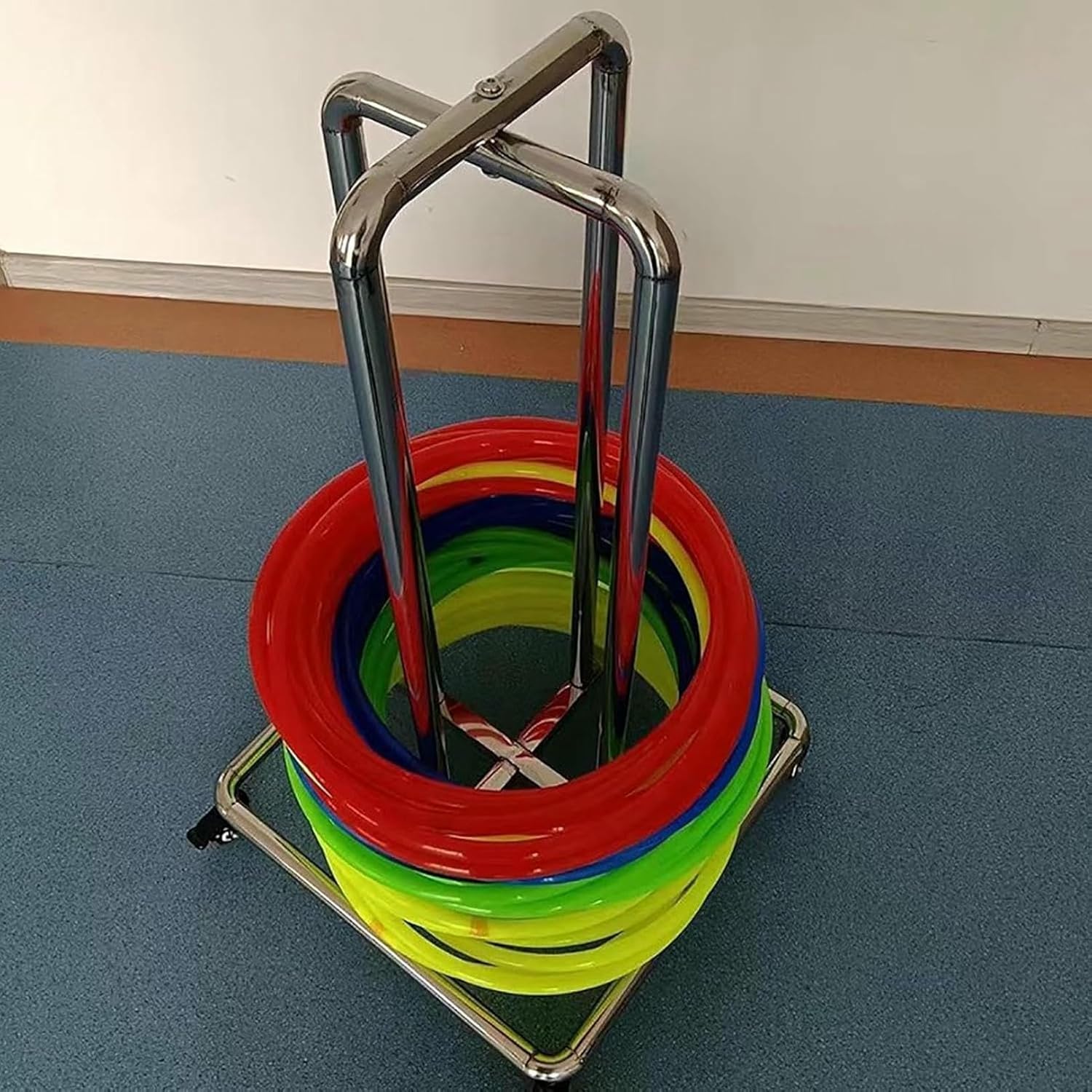 Stainless Steels Hula Hoop Metal Holder with Wheel, Movable Sports Hoop Organizer Cart, Floor Standing Gymnastics Hoop Storage Rack