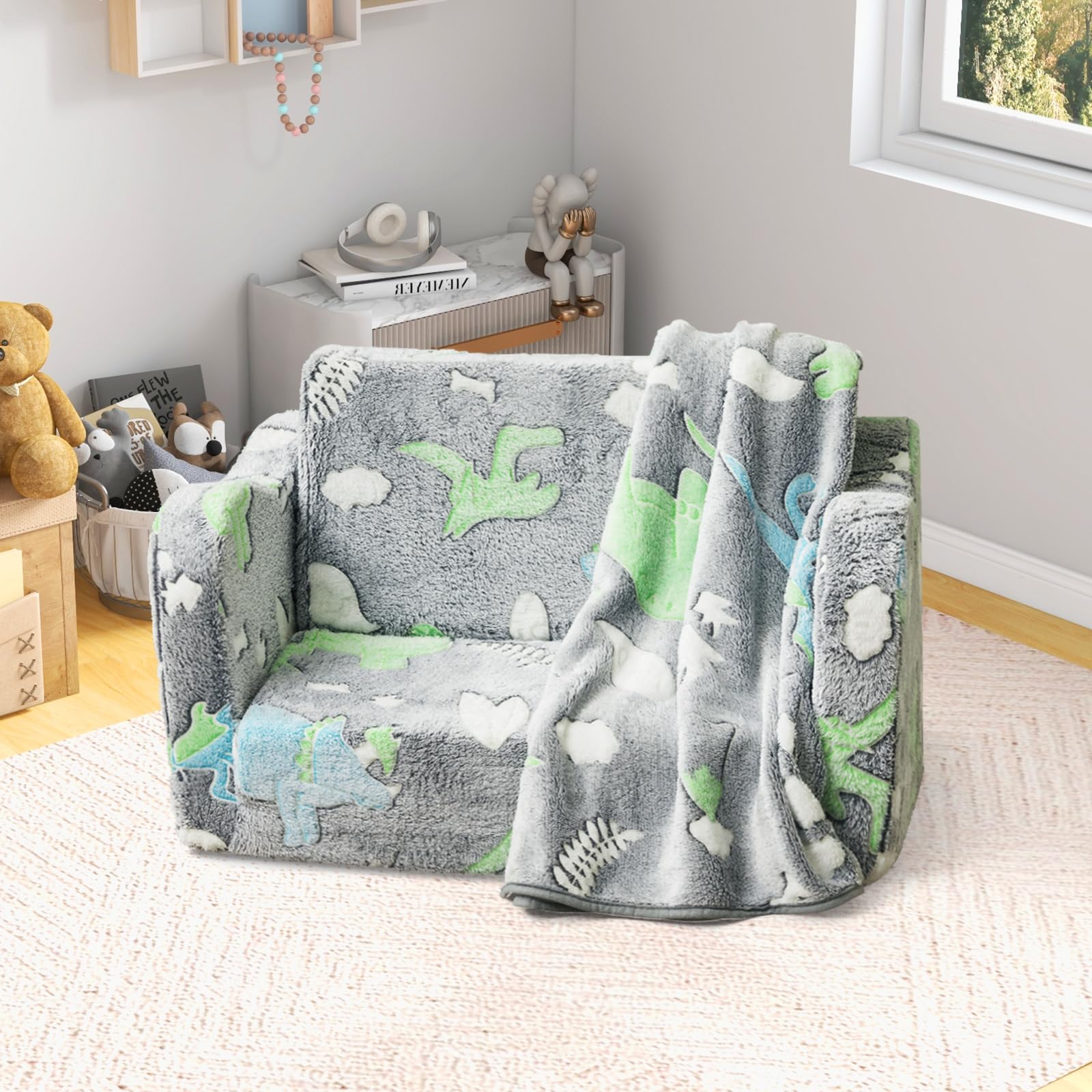 DREAMADE Canapé Enfants Brille dans Le Noir,2 en 1 Canapé Convertible Tout-Petits avec Couverture,Housse Amovible&Lavable en Machine,Fauteuil Pliable pour Garçons Filles 3+Ans (Gris+Dinosaure)
