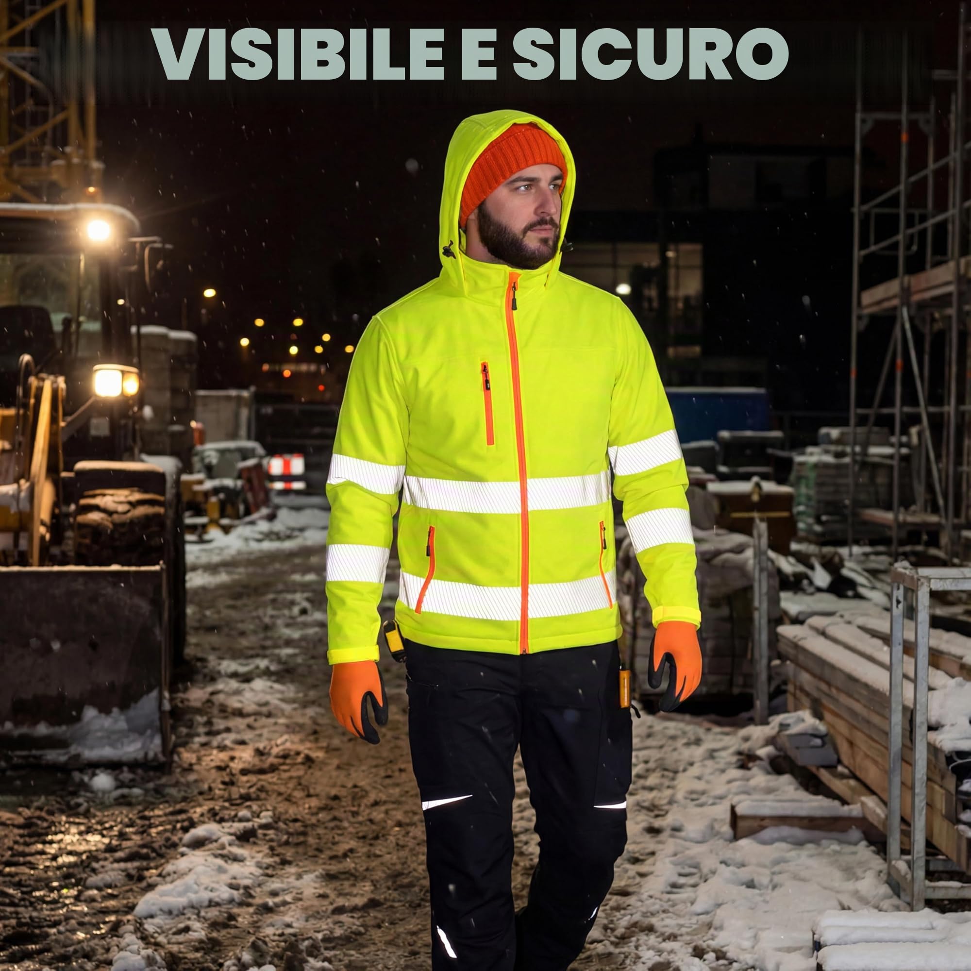 ACE Neon Lite Giacca ad alta visibilità - giacca softshell di segnalazione con catarifrangenti e cappuccio staccabile - EN ISO 20471