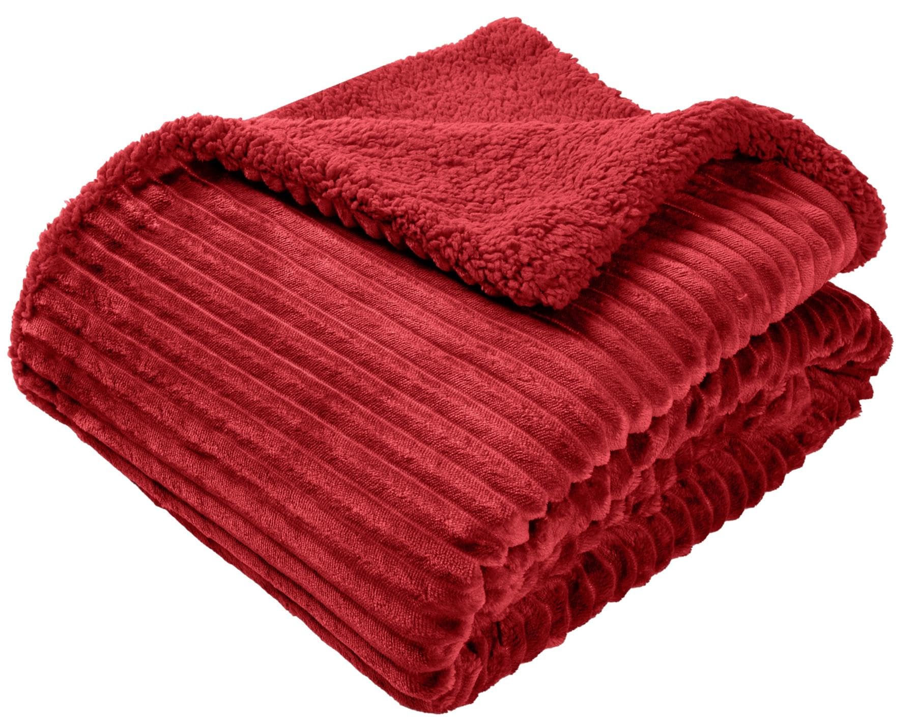 Adore Home Wine Ribbed Fleece Throw 130X160cm With Sherpa Reverse - Reversible Ultra Soft Cosy Blanket