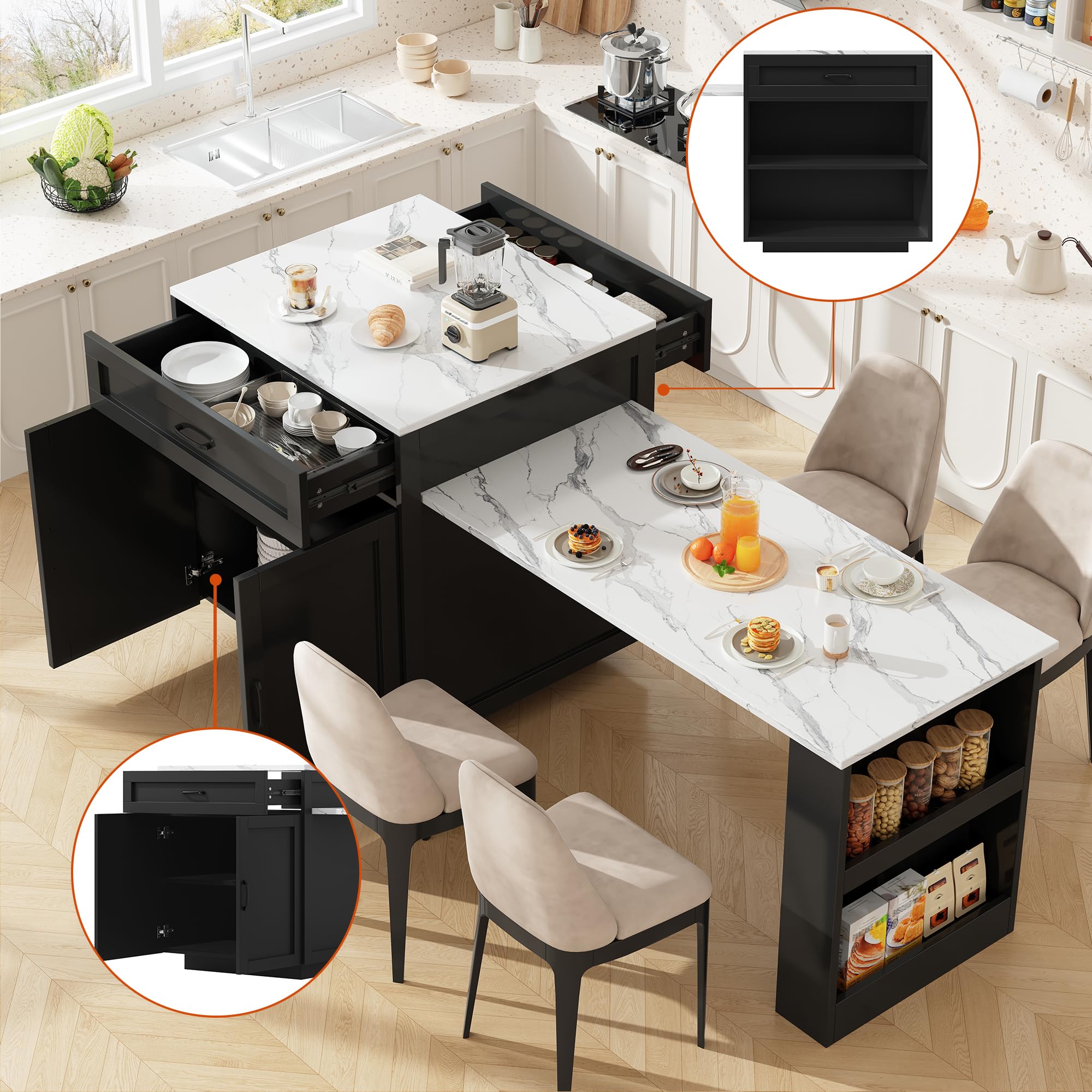 Îlot Central Cuisine sur roulettes avec Table Extensible 2-6 Personnes 133-202cm, Meuble Cuisine avec Plan de Travail, Desserte de Cuisine avec Plateau Effet Marbre Haut de Gamme