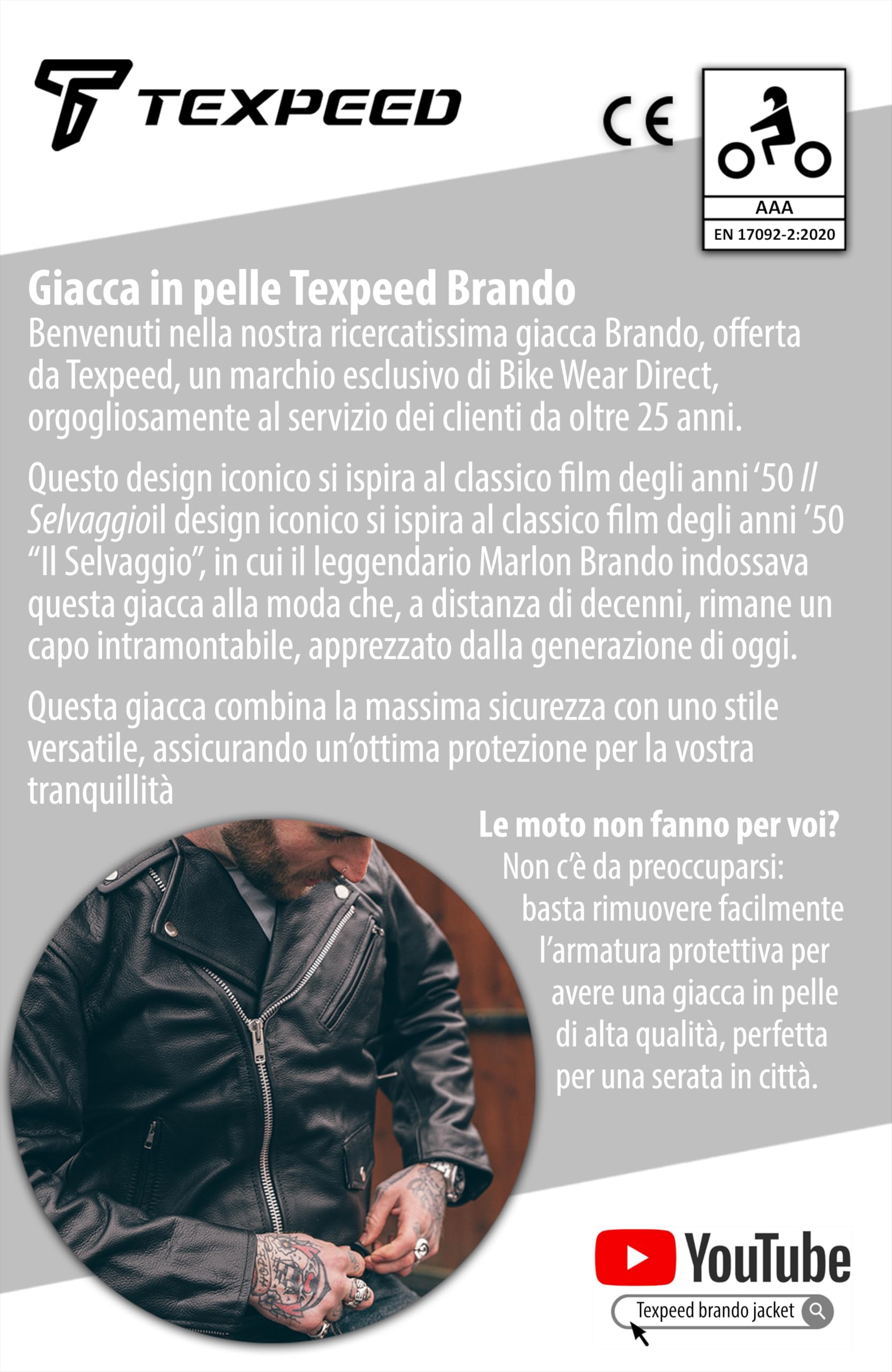 Texpeed Giacca Brando moto uomo pelle con protezioni - Giubbotto Perfect Marlon Brando retro chopper - Con protezione biker vero armatura CE (EN 1621-1) Nero - XL