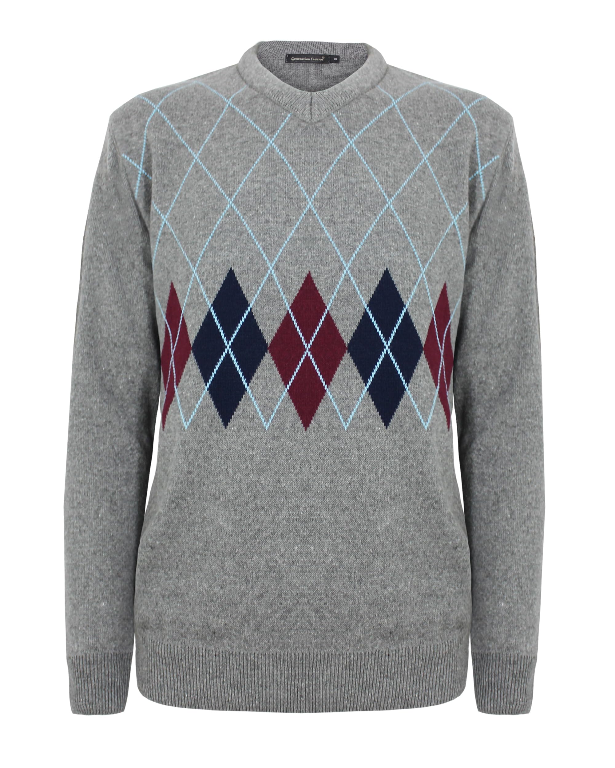 Generation Fashion New Men Gents Knitted Long Sleeve V-Neck Argyle Pattern Jumper Fine Knit Sweater Top Ribbed Edge[Grey,