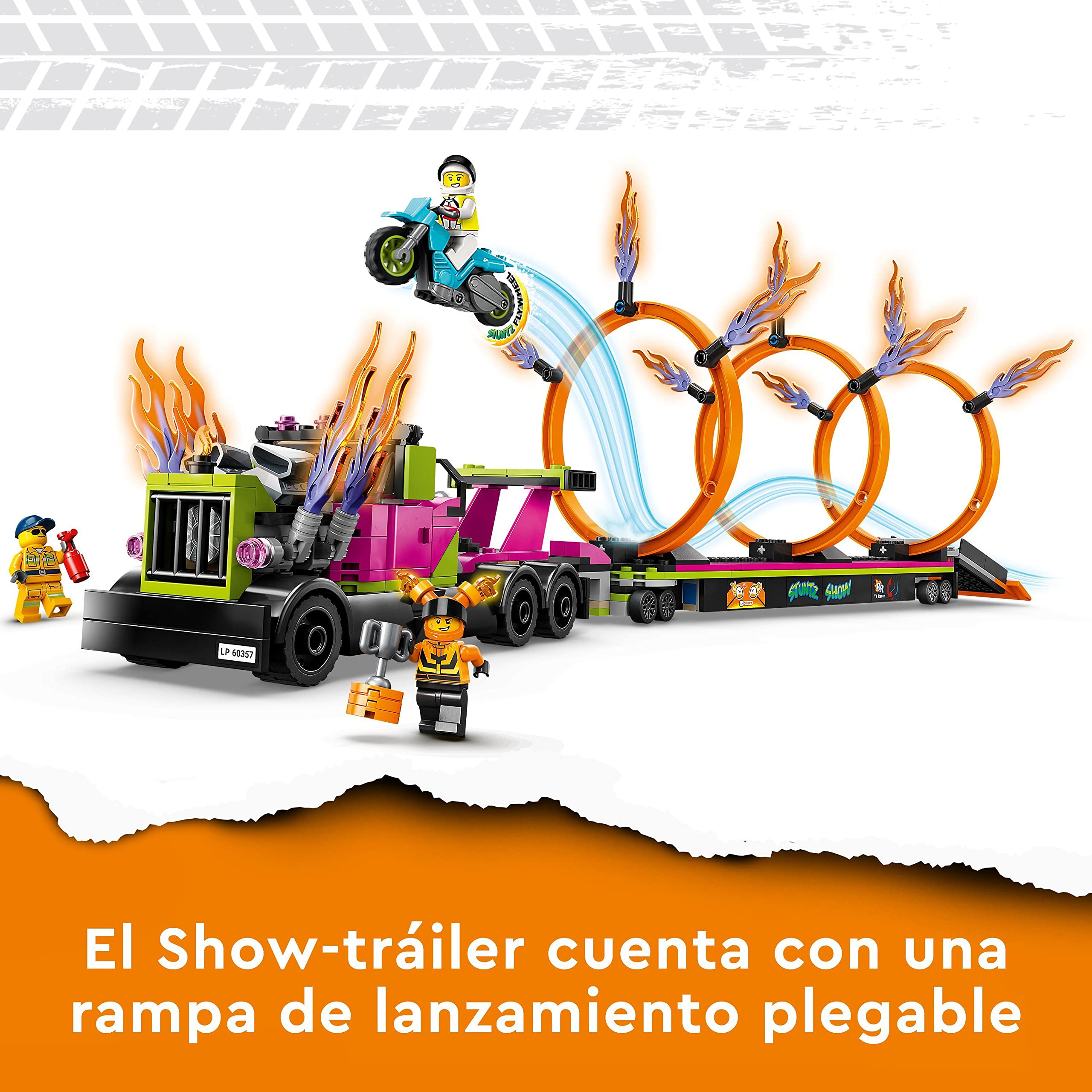 LEGO 60357 City Stuntz Desafío Acrobático: Camión y Anillos de Fuego, Moto de Juguete con Retro Fricción y Mini Figuras, Juegos Divertidos para Niños de 6+ Años