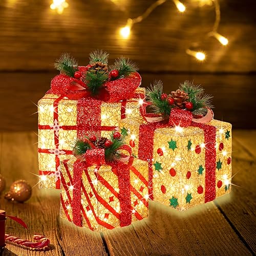 GLOWNOVA Juego de 3 cajas de regalo iluminadas grandes de 9.5 x 8 x 6.5 pulgadas, 70 luces LED superbrillantes con intermitentes, para interiores y