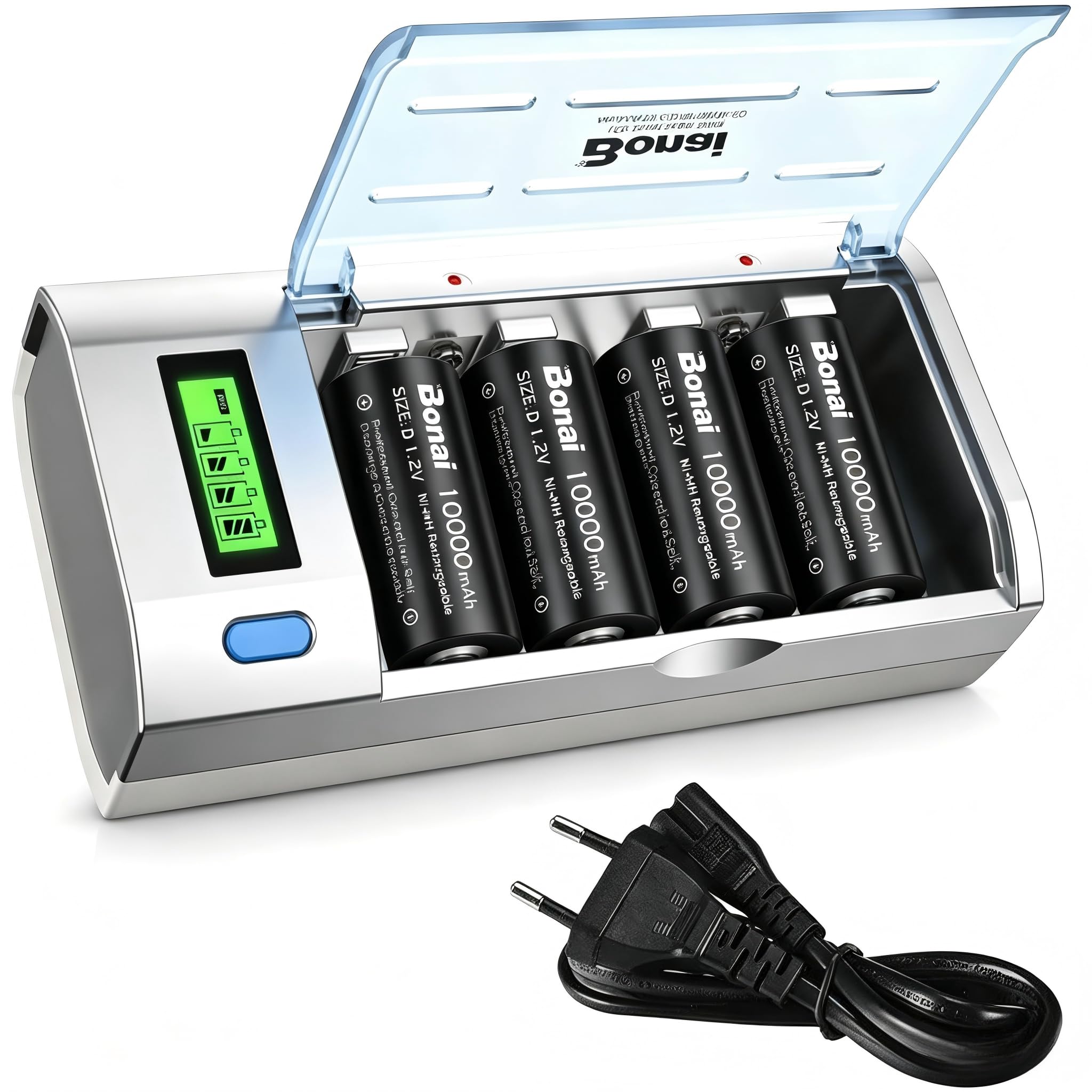 BONAI Chargeur Piles Rechargeable Universel + Lot de 4 Piles Rechargeables D/ LR20 Ni-MH 1,2 V, 10000 mAh