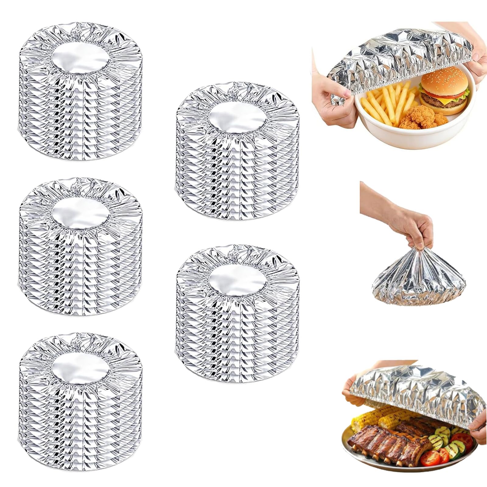 Aluminum Foil Food Covers, Stretch Aluminum Foil Food Covers, Thickened Heat-Resistant Material with Continuous Warmth, Reusable Food Covers for Kitchen Meals Vegetables Fruits Leftovers (50 PCS)