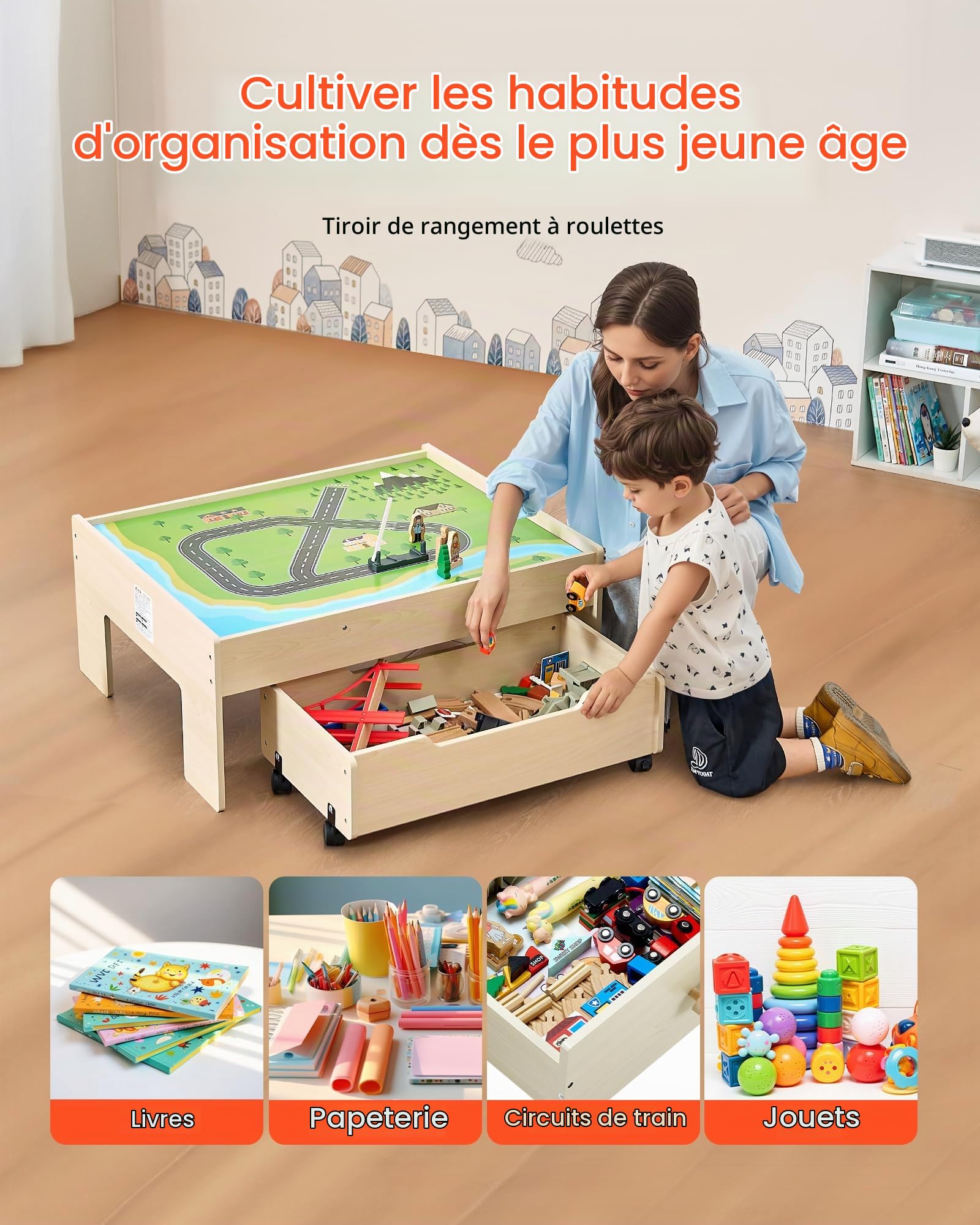 VEVOR Table Circuit Train Bois, 100 PCS, avec Rail de Train, Tiroir Rangement Roulant, Table Activités 3 en 1 Double Face pour Jouer, Dessiner, Lire, Manger, Jouets Créatifs pour Enfants 3 Ans et Plus