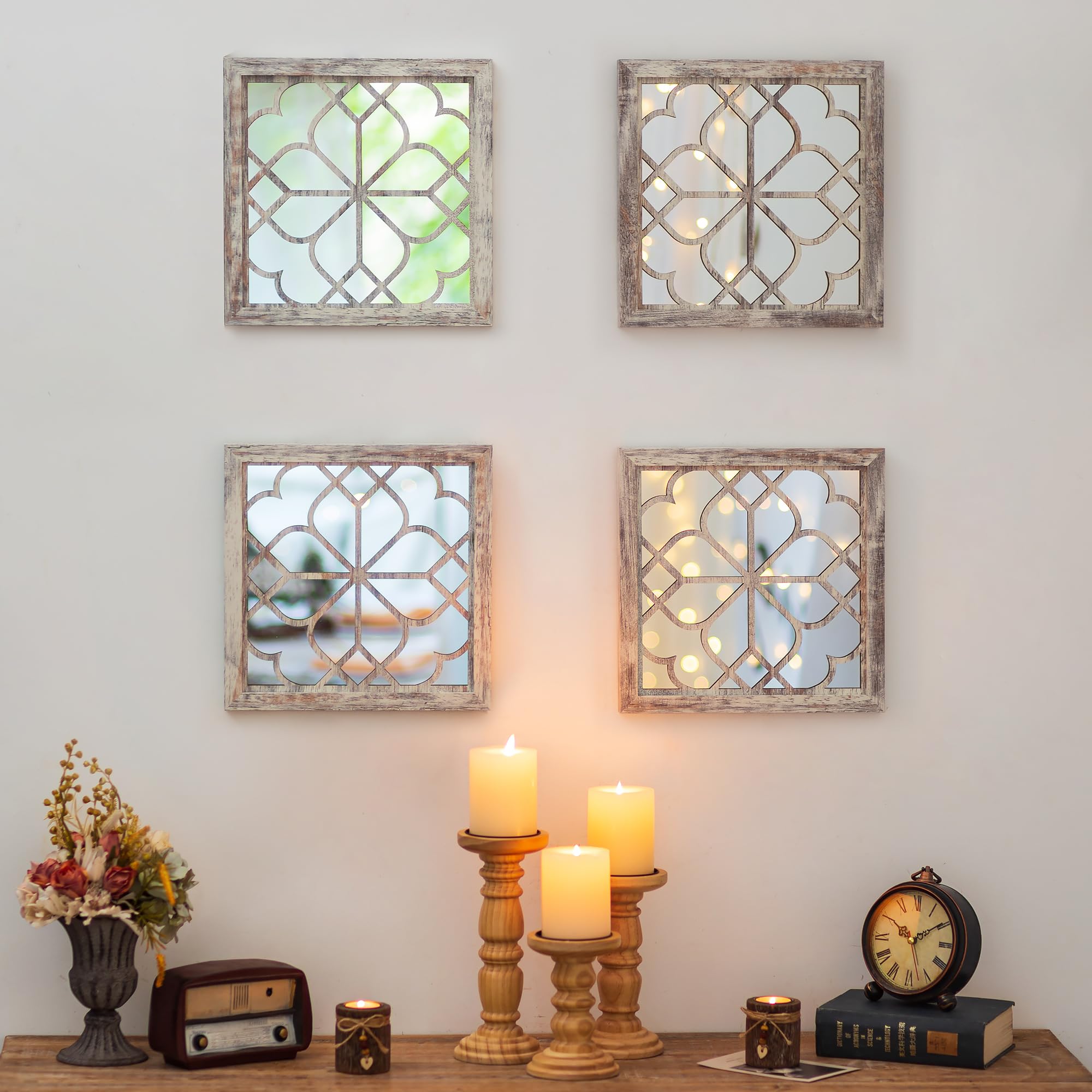 Walasis Farmhouse Wall Decor Distressed - Rustic Square Mirror Hanging Decoration for Bedroom White Decorative Wood Mirrored Art for Living Room Bathroom